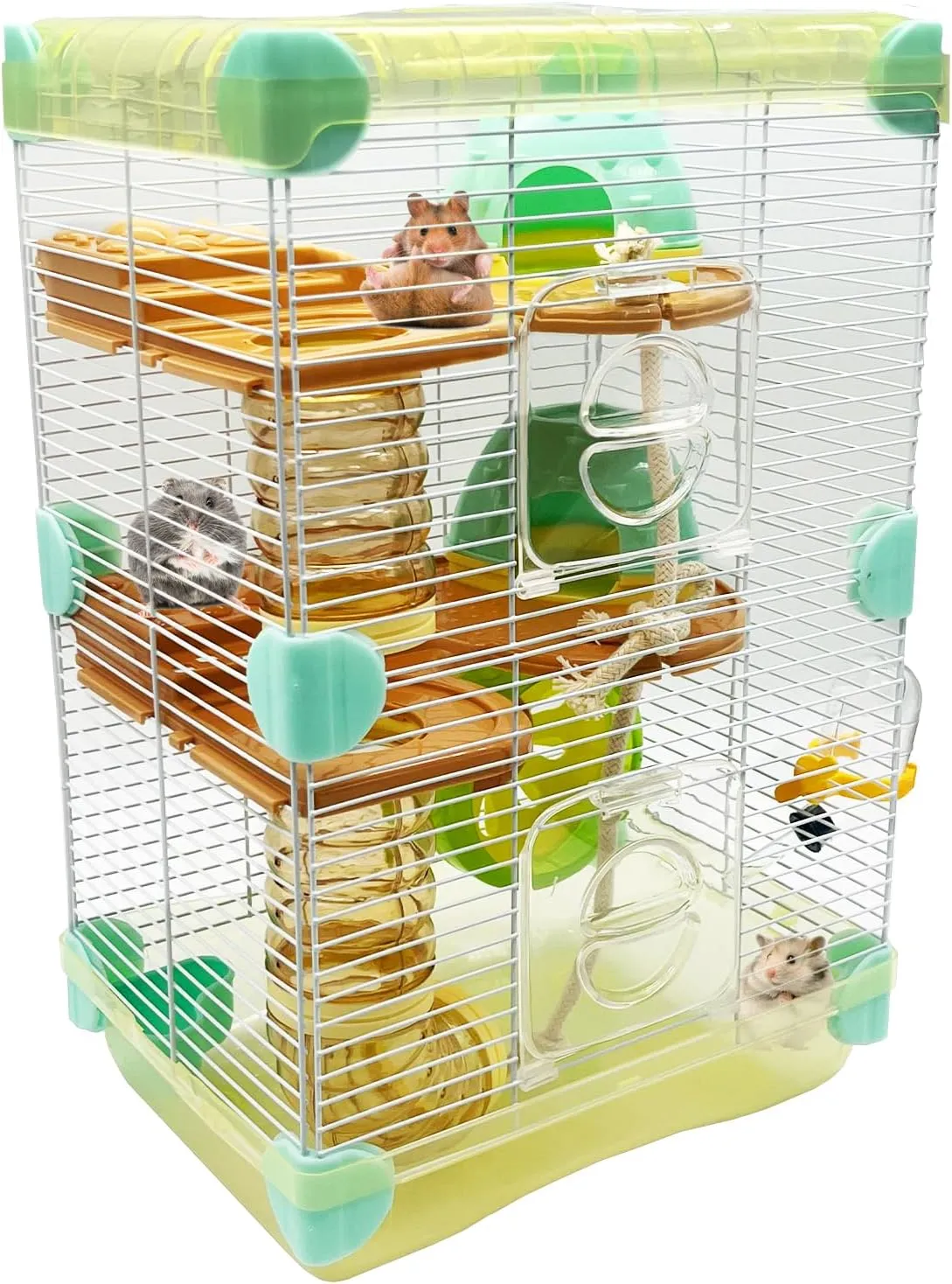 PINVNBY Portable Hamster Cage Large 3-Floors Hamster Habitat Small Animal Critter Enclosure with Bedroom, Kettle, Track, Food Box, Slide etc Mouse Mice Habitat Gerbil House for Hamsters (Yellow)