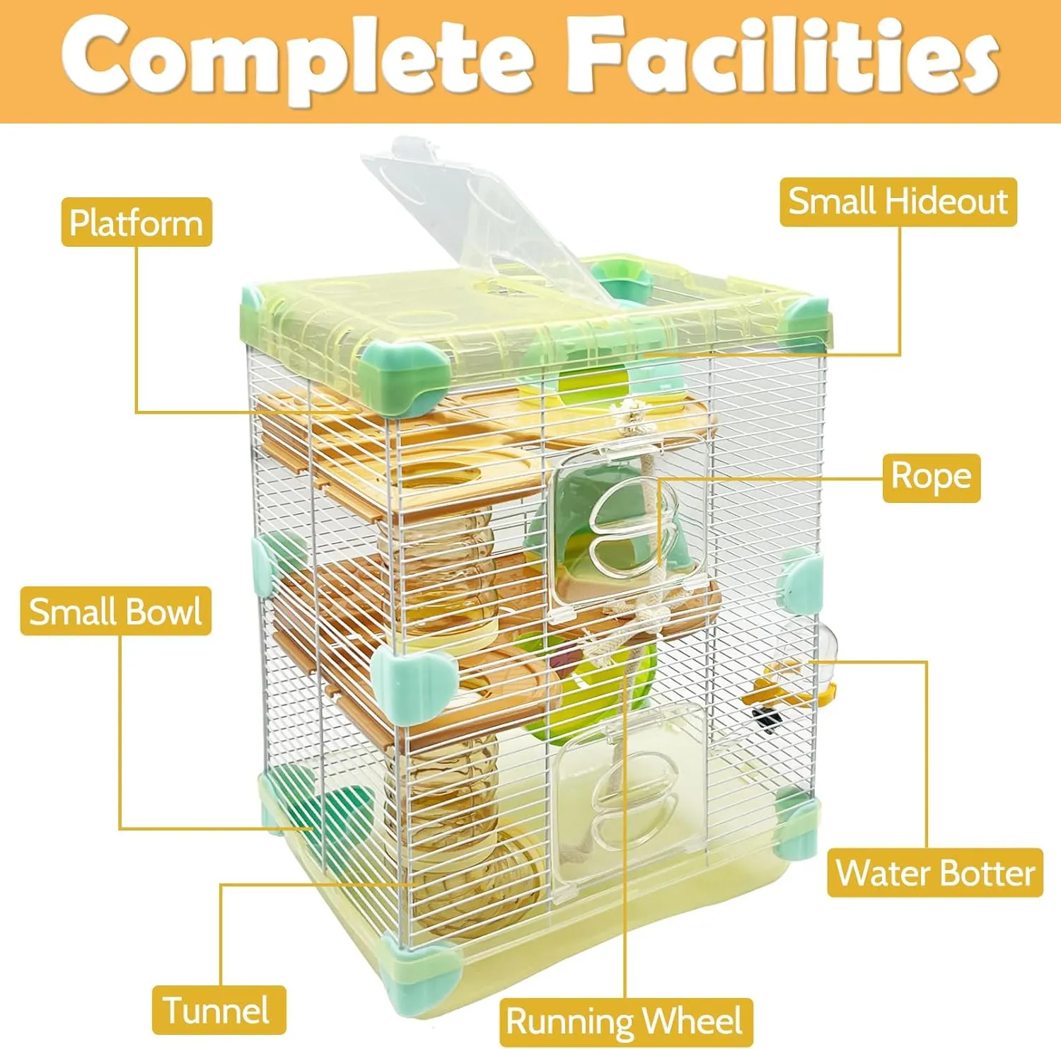 PINVNBY Portable Hamster Cage Large 3-Floors Hamster Habitat Small Animal Critter Enclosure with Bedroom, Kettle, Track, Food Box, Slide etc Mouse Mice Habitat Gerbil House for Hamsters (Yellow)