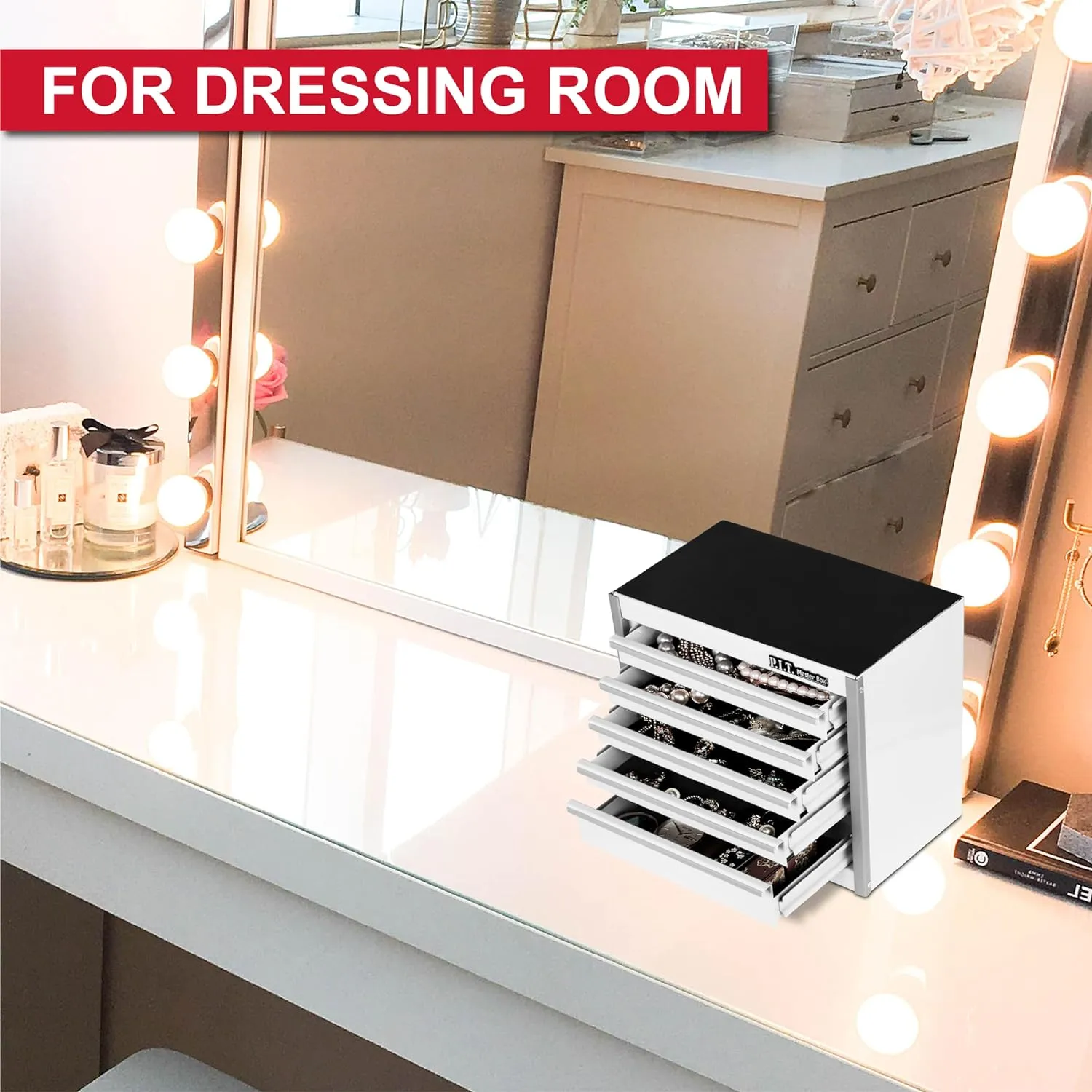 P.I.T. Mini White Tool Box, Portable 5-Drawer Micro Roll Cab Steel Stackable Tool Box with Liner, White Small Tool Case for Tools Storage and Organizers, Home DIY