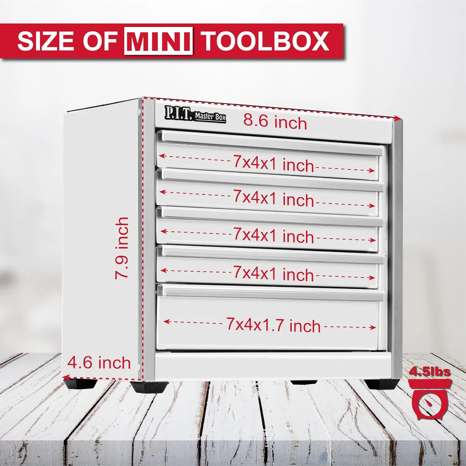P.I.T. Mini White Tool Box, Portable 5-Drawer Micro Roll Cab Steel Stackable Tool Box with Liner, White Small Tool Case for Tools Storage and Organizers, Home DIY