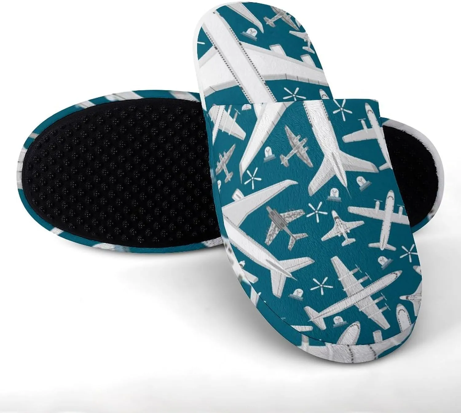 Plane Pattern Aircraft Airplane Jet Soft Warm Mens Slippers Anti-Skid Fuzzy House Shoes Bedroom Home