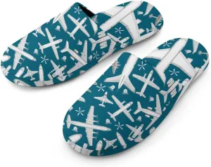 Plane Pattern Aircraft Airplane Jet Soft Warm Mens Slippers Anti-Skid Fuzzy House Shoes Bedroom Home