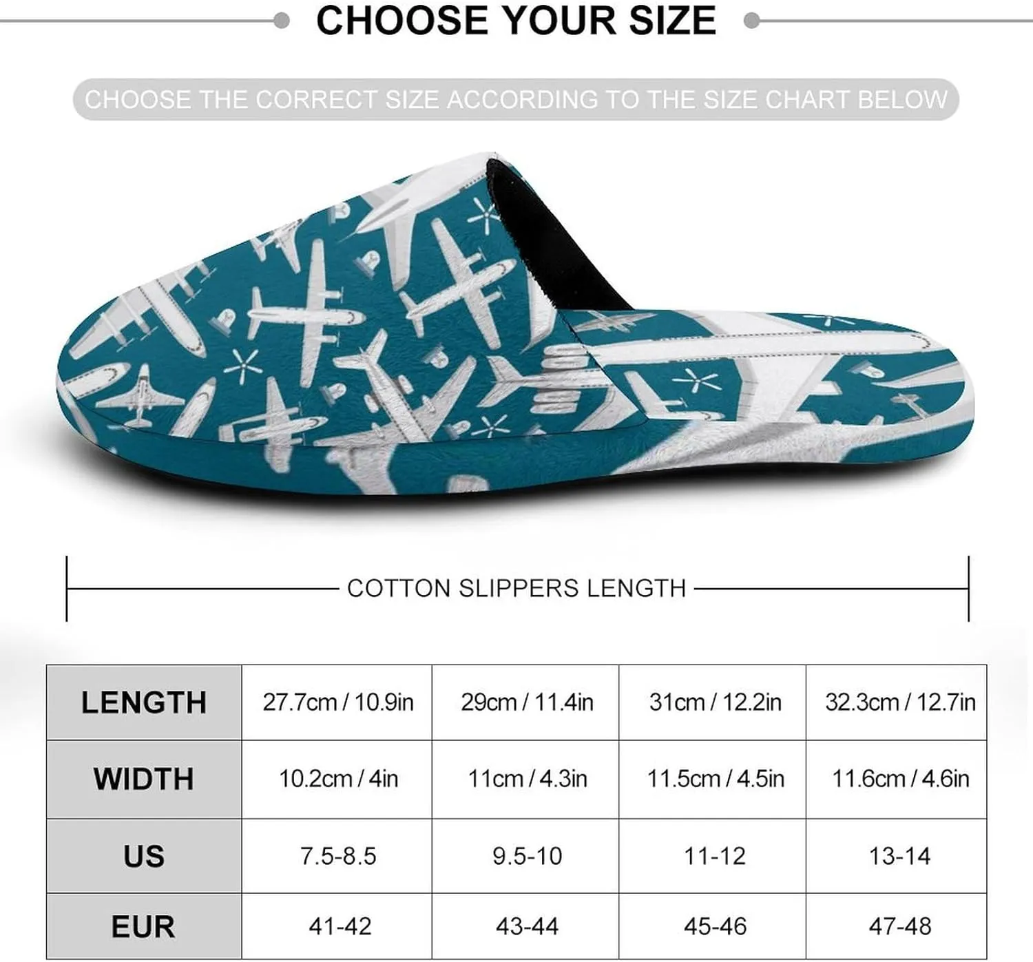 Plane Pattern Aircraft Airplane Jet Soft Warm Mens Slippers Anti-Skid Fuzzy House Shoes Bedroom Home
