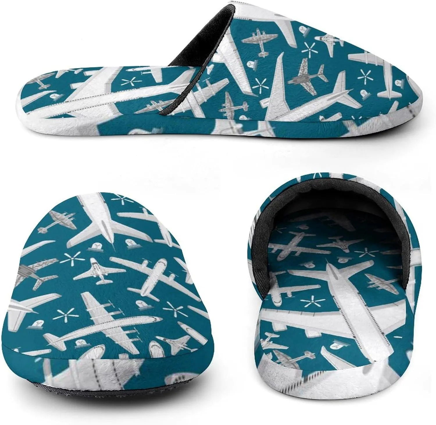 Plane Pattern Aircraft Airplane Jet Soft Warm Mens Slippers Anti-Skid Fuzzy House Shoes Bedroom Home