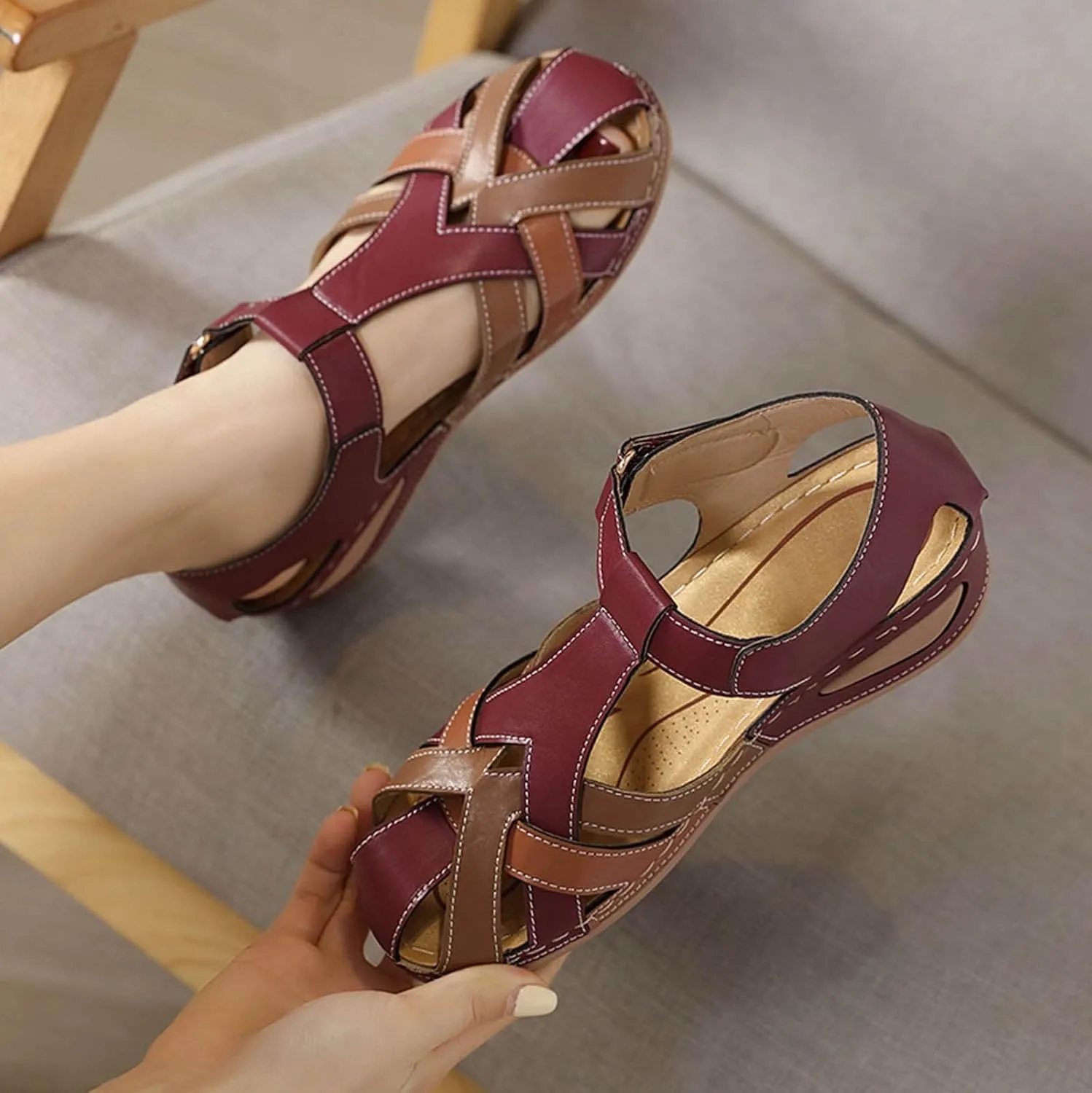 Platform Comfortable Women's Wedge Sandals,Ankle Strap Slip-on Closed Toe Wedge Heels Casual Summer Sandals For Women Dressy