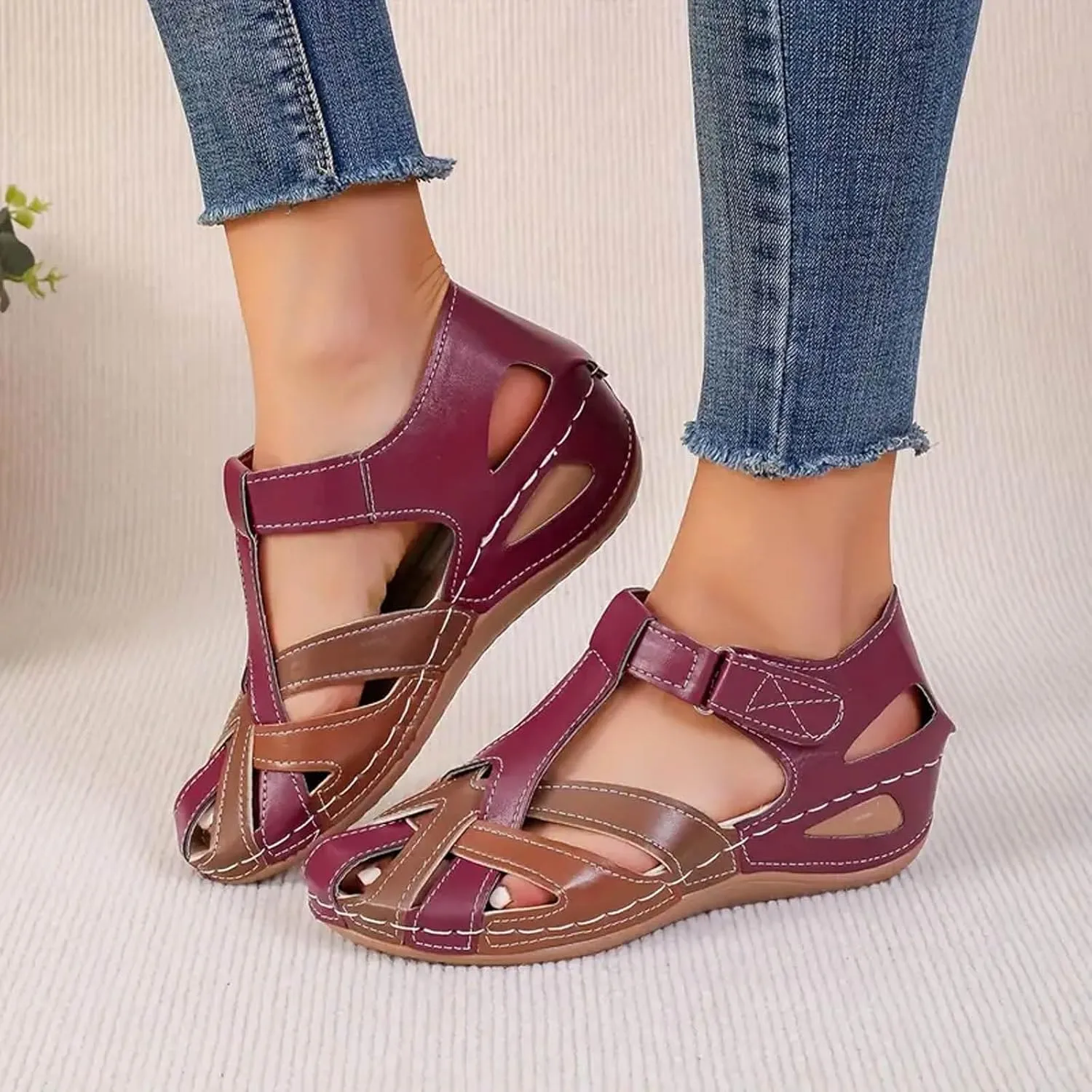 Platform Comfortable Women's Wedge Sandals,Ankle Strap Slip-on Closed Toe Wedge Heels Casual Summer Sandals For Women Dressy