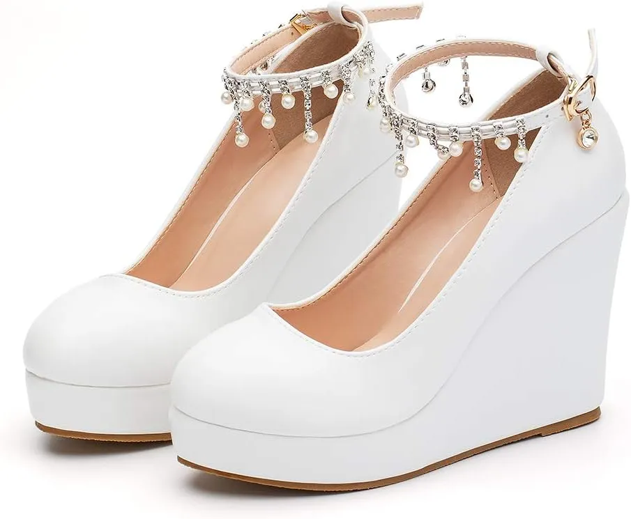 Platform Wedge Pump Shoes High Heel Bride Wedding Shoes Mary Jane Strap Evening Party Dress Casual Shoes