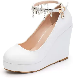 Platform Wedge Pump Shoes High Heel Bride Wedding Shoes Mary Jane Strap Evening Party Dress Casual Shoes