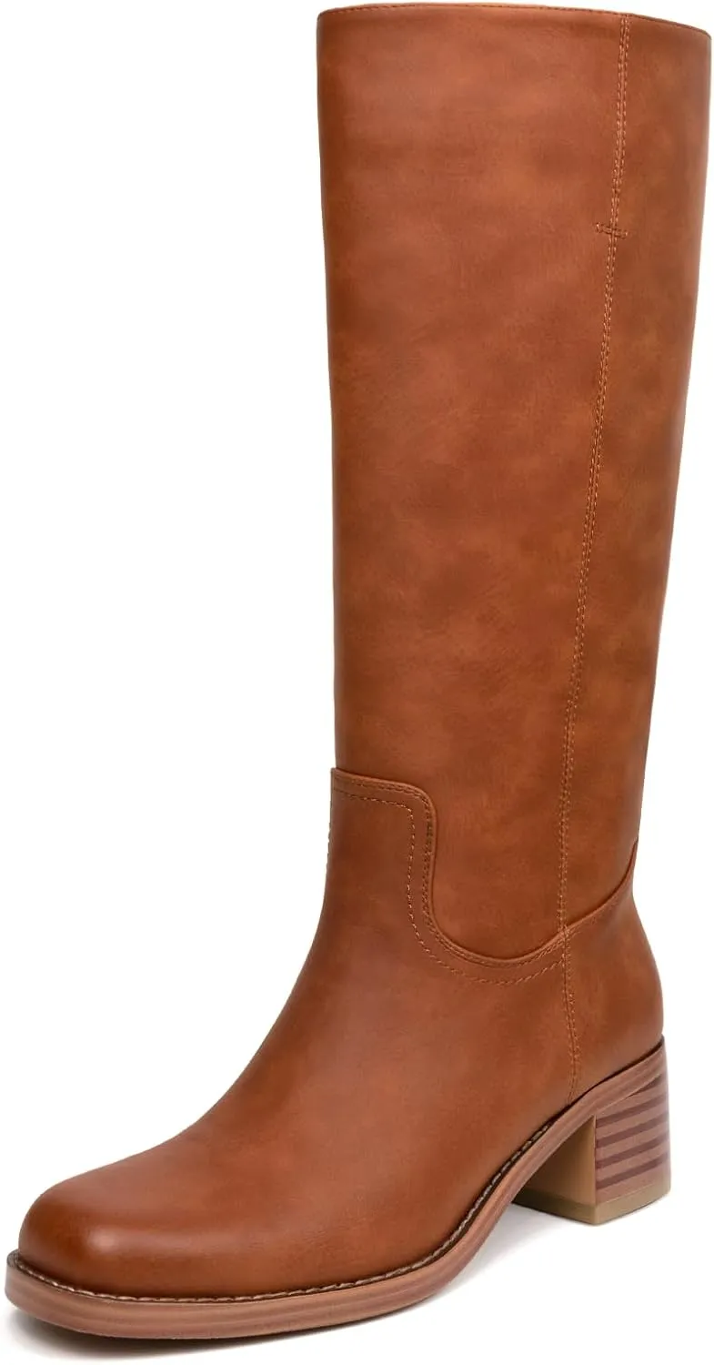 Platform Women's Knee High Square Toe Chunky Block Heel Long Wide Calf Riding Pull On Campus Boots