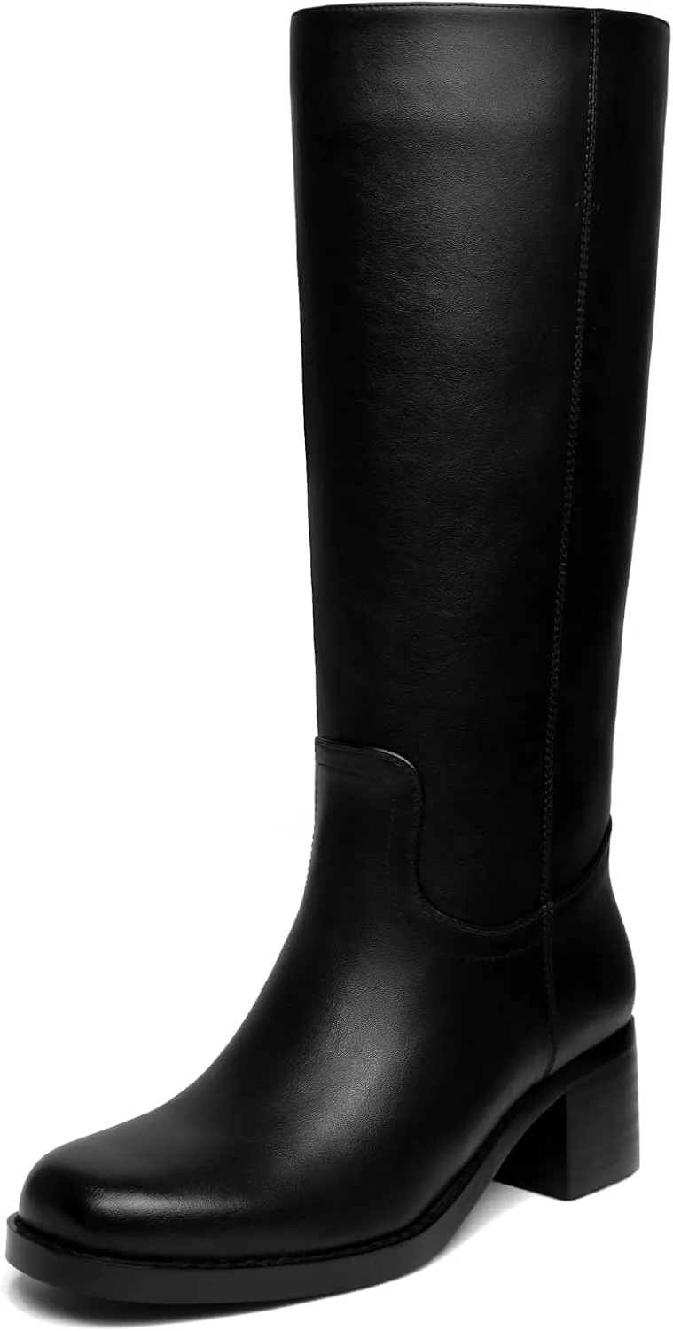 Platform Women's Knee High Square Toe Chunky Block Heel Long Wide Calf Riding Pull On Campus Boots