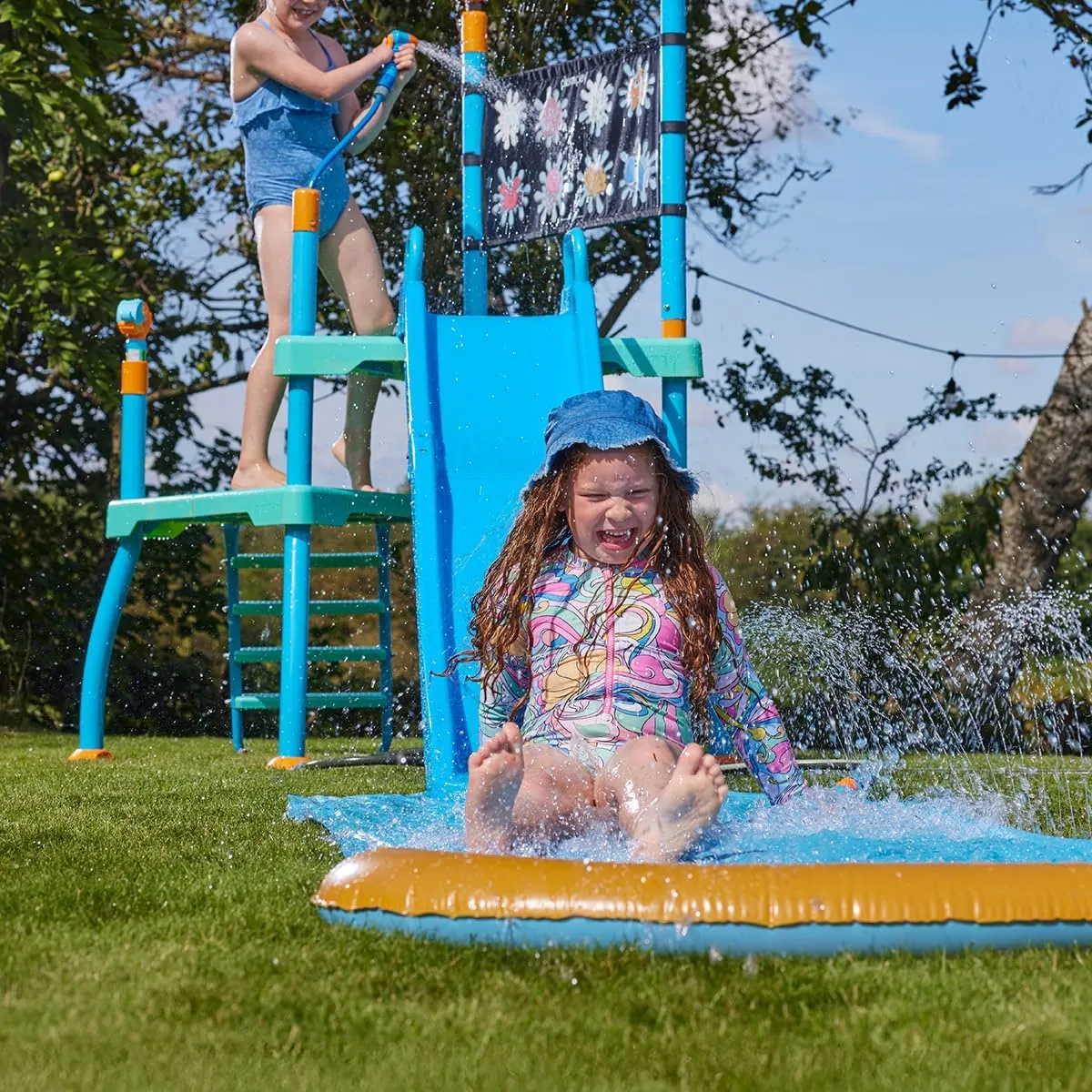 Play Kids Outdoor Water Slide Play Equipment - with Built-in Toy Sprinklers, Backyard Waterpark with Bubble Blower, Coloring Wall 3 Years , Up to 220 lbs (Shower Tower)