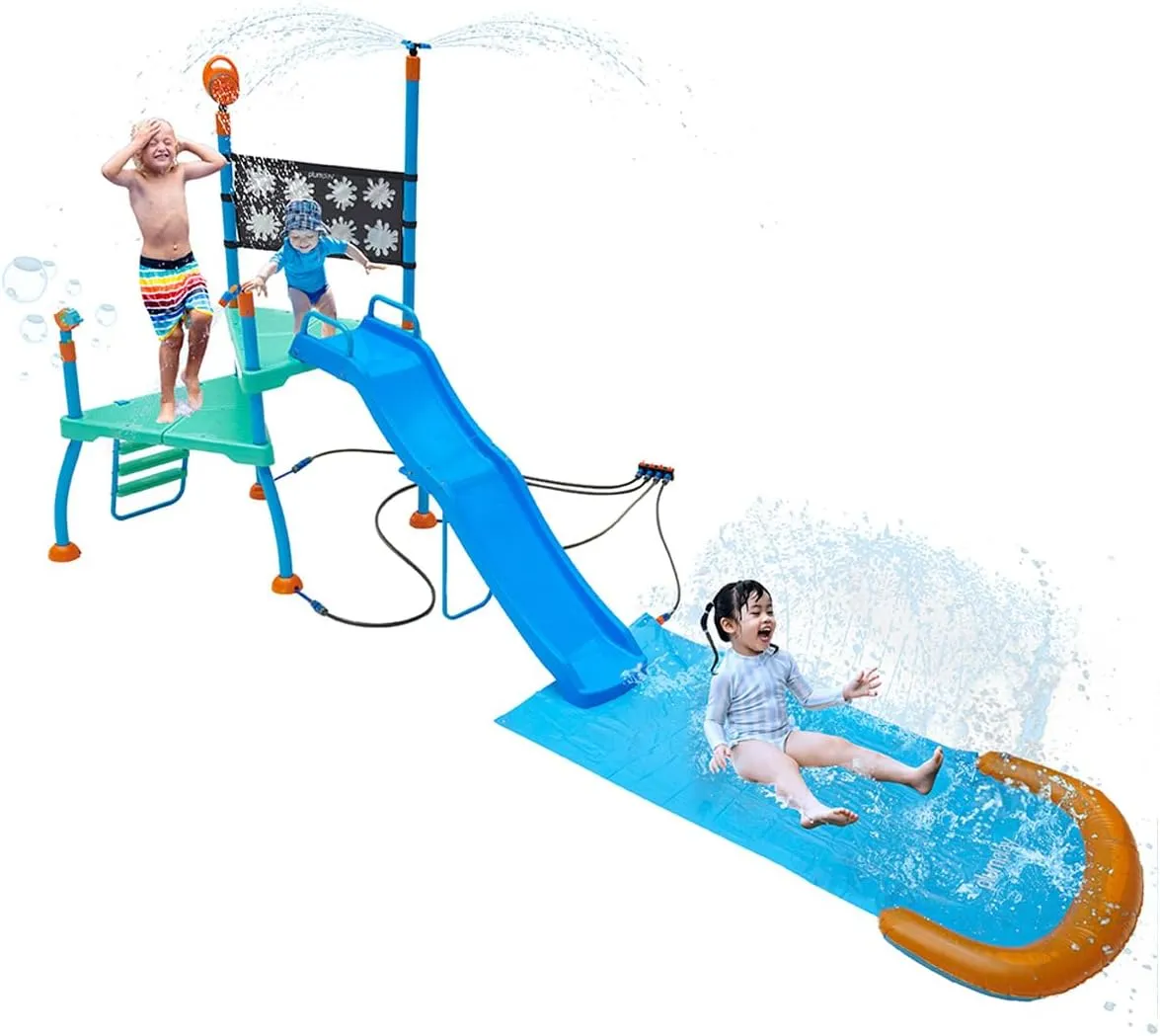 Play Kids Outdoor Water Slide Play Equipment - with Built-in Toy Sprinklers, Backyard Waterpark with Bubble Blower, Coloring Wall 3 Years , Up to 220 lbs (Shower Tower)