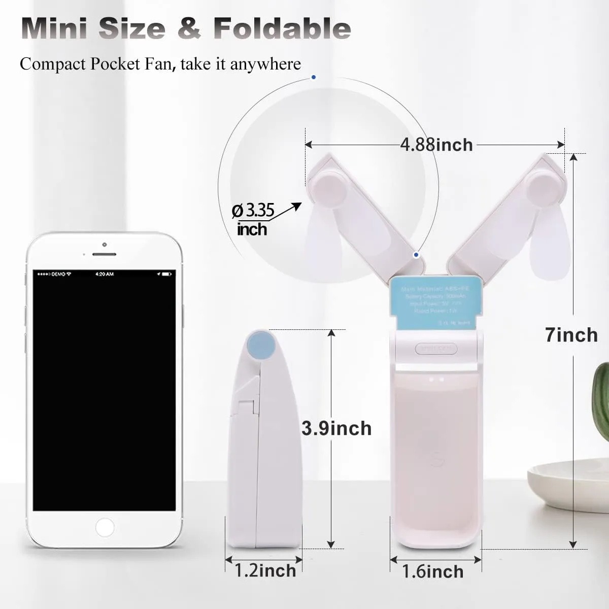 Portable Handheld Fan, Personal Mini Pocket Hand Held Fan USB Rechargeable for Woman Girls Outdoor Travel, Dual Head with 2 Speed Strong Wind (White)