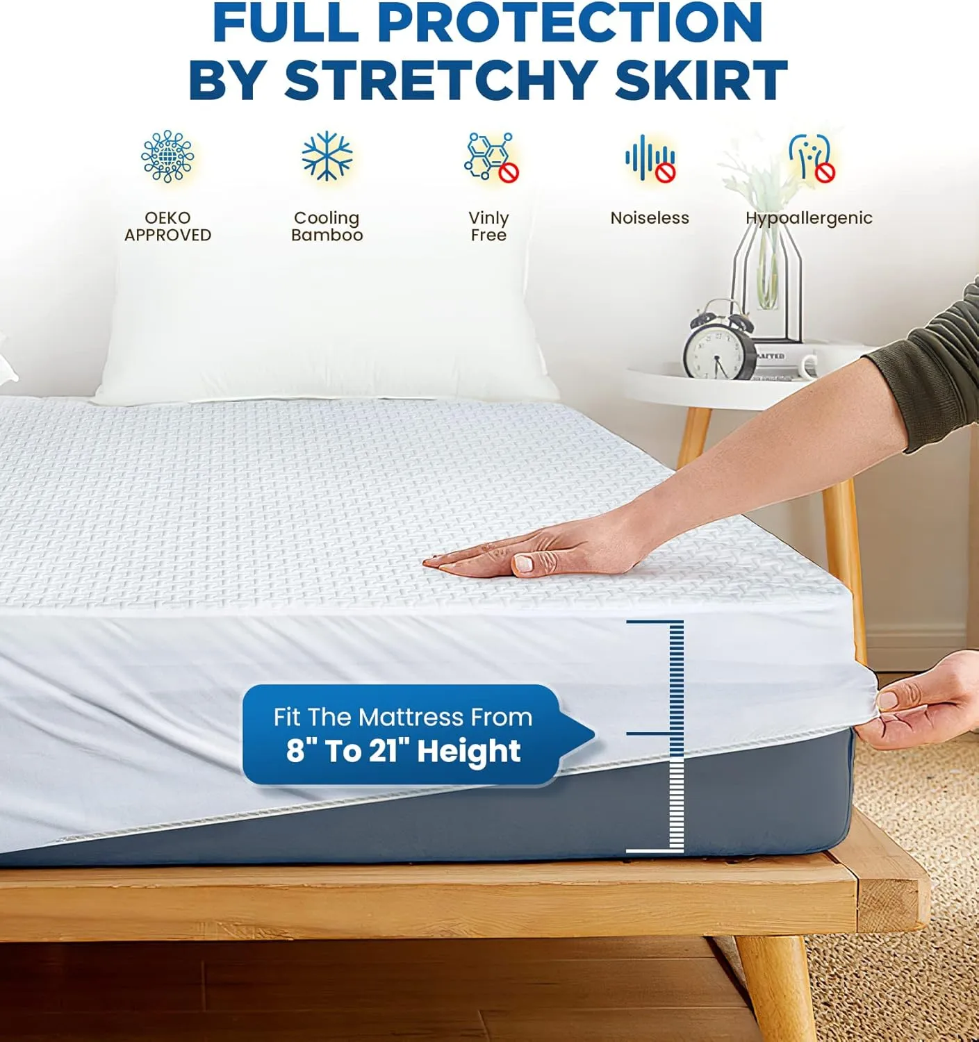 Premium 100% Waterproof King Mattress Protector Breathable Cooling 3D Air Fabric Cover Smooth Soft Hypoallergenic Noiseless Bed Cover Machine Washable Vinyl Free, 8-21'' Deep Pocket