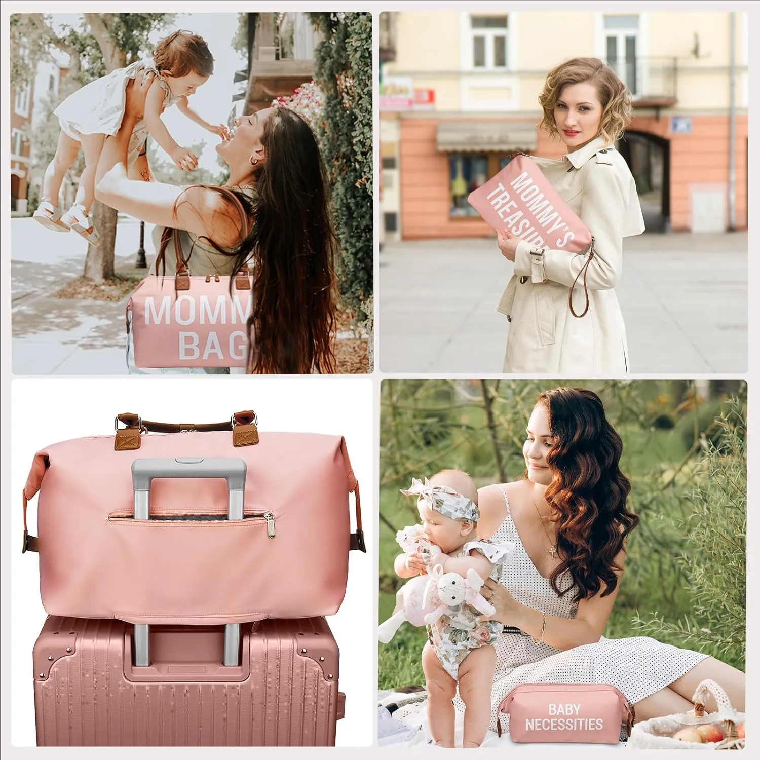 printe Mommy Diaper Bag Tote for Girls with 2 Organizer Pouches, Large Capacity Mom's Bag for Hospital and Weekender Travel, Pink