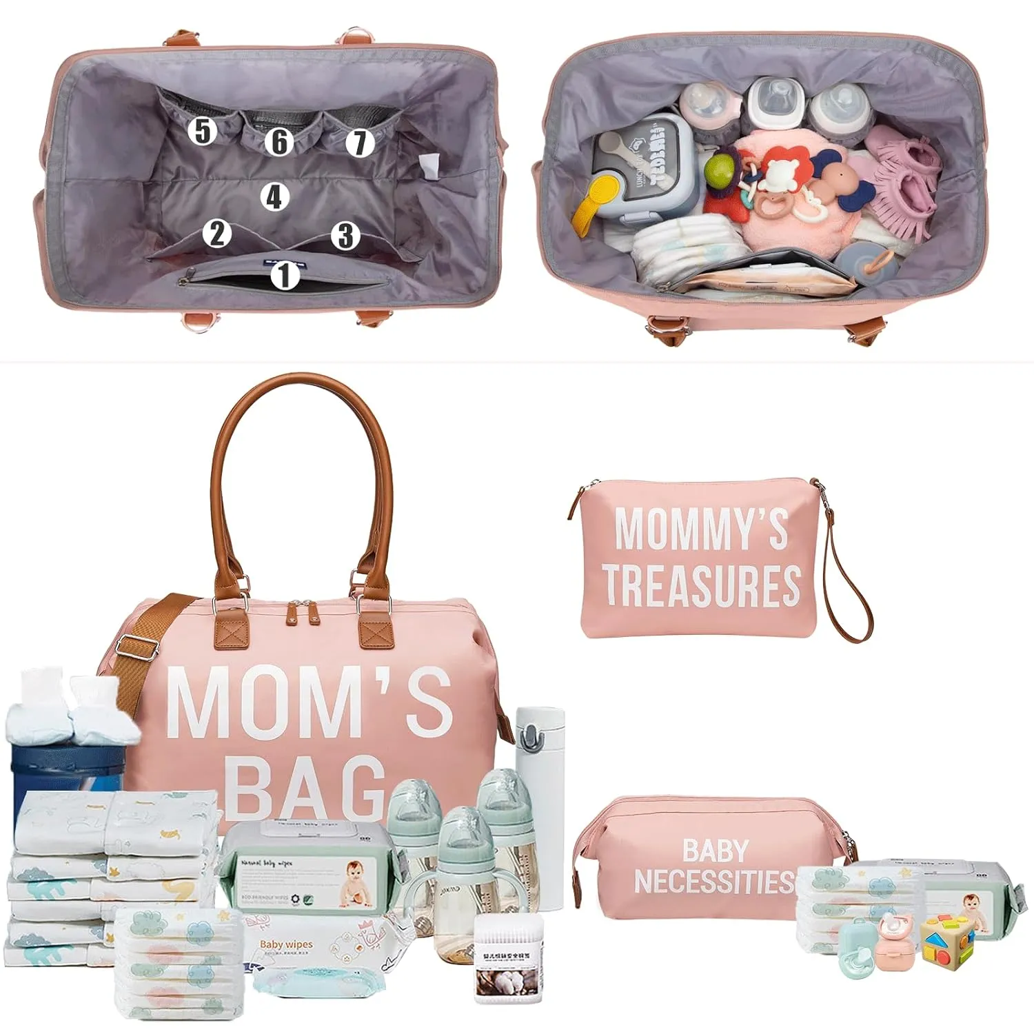printe Mommy Diaper Bag Tote for Girls with 2 Organizer Pouches, Large Capacity Mom's Bag for Hospital and Weekender Travel, Pink
