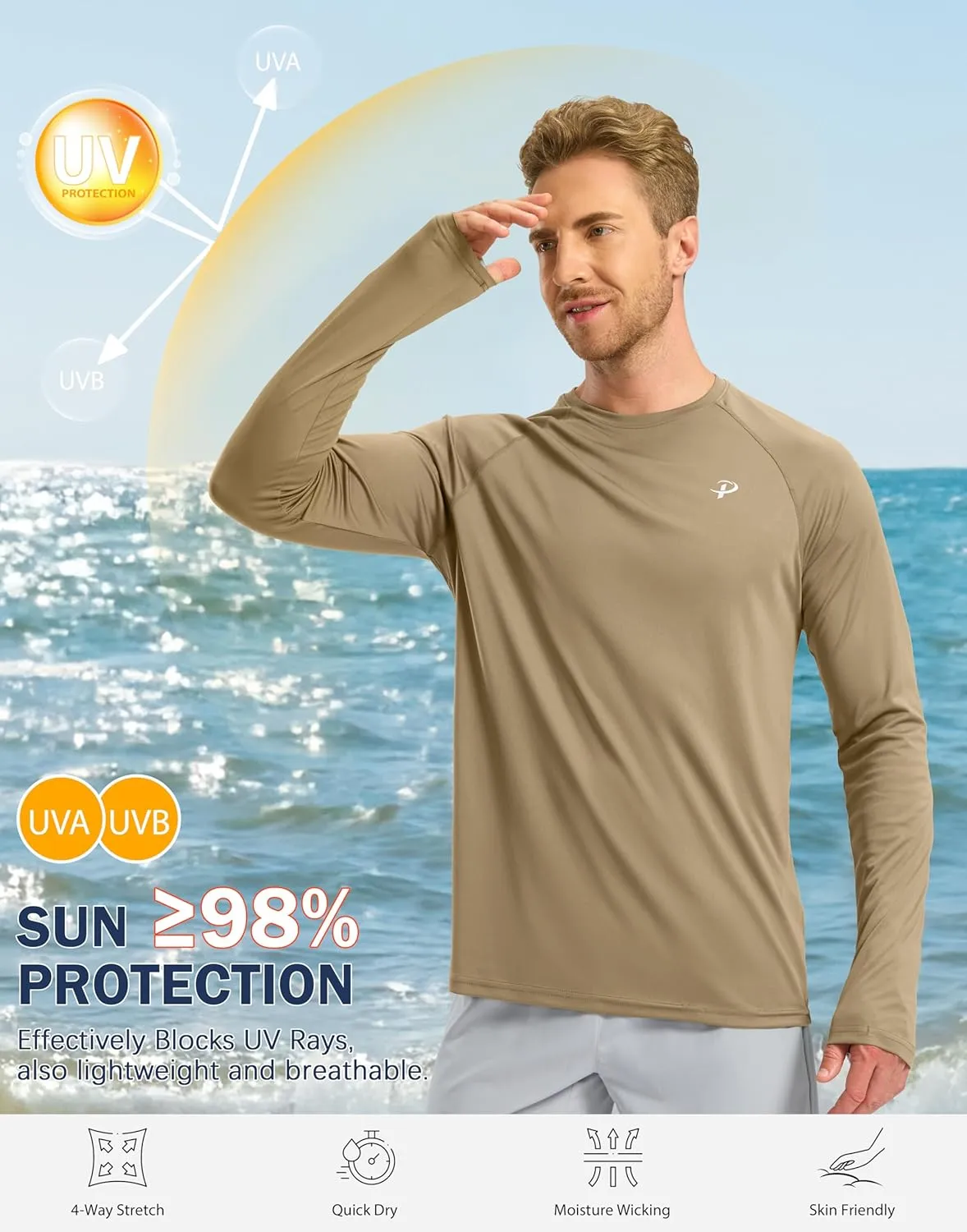 Pudolla Men's Sun Protection Shirts UV SPF UPF 50  Rash Guard Long Sleeve Lightweight Quick Dry Brethable Swimming Fishing