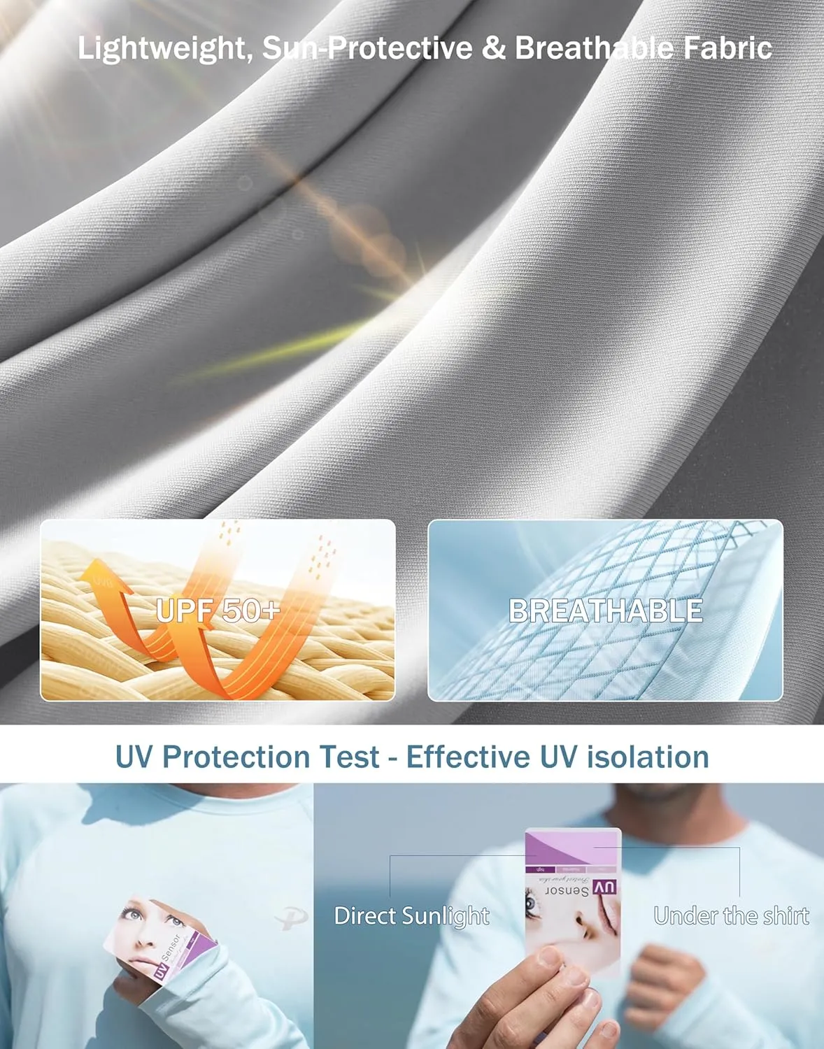 Pudolla Men's Sun Protection Shirts UV SPF UPF 50  Rash Guard Long Sleeve Lightweight Quick Dry Brethable Swimming Fishing