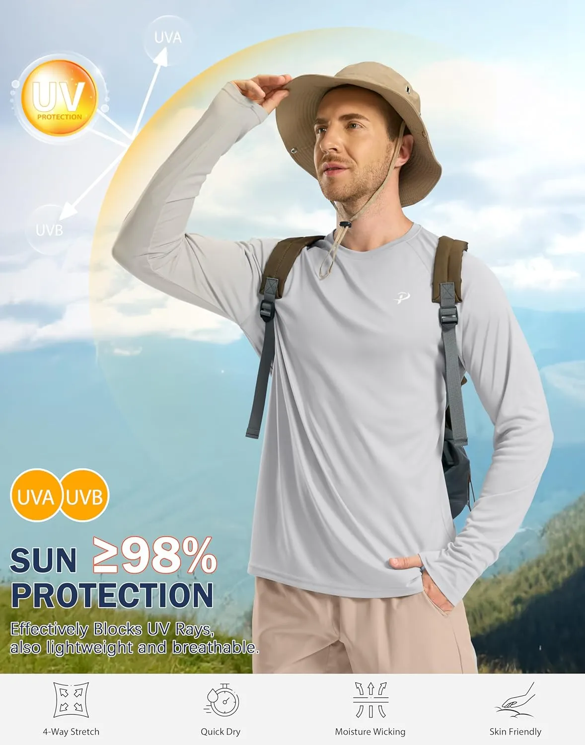 Pudolla Men's Sun Protection Shirts UV SPF UPF 50  Rash Guard Long Sleeve Lightweight Quick Dry Brethable Swimming Fishing
