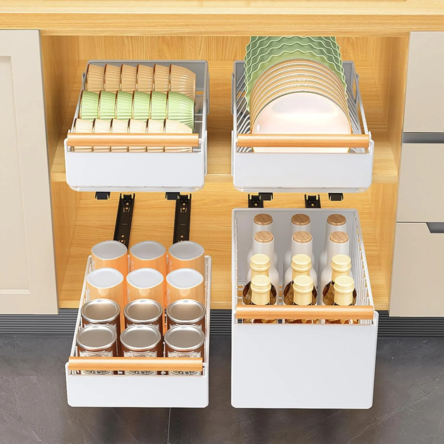 Pull-Out Cabinet Telescopic Drawer, Kitchen Storage Shelf Basket Extendable Drawer for Cabinet Metal Slide Out Organizer for Cupboard