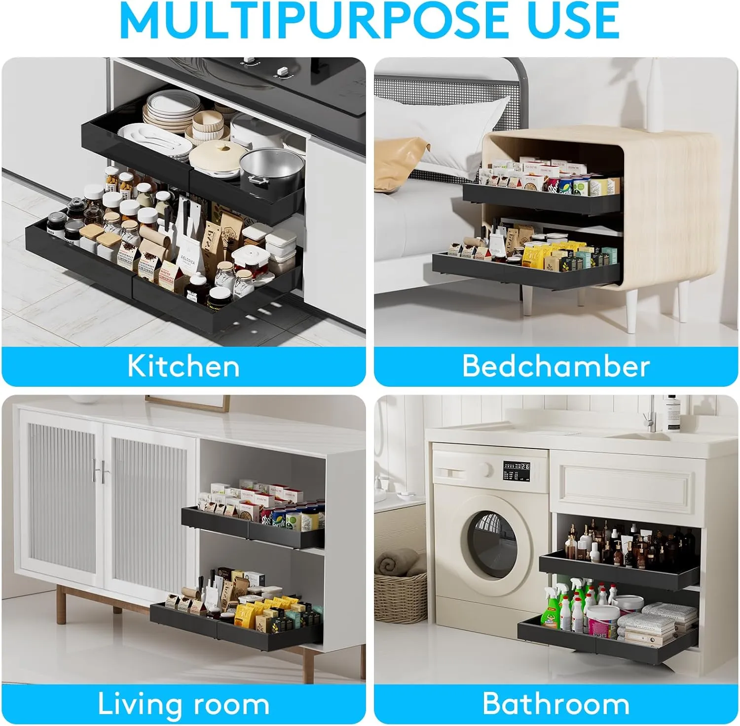 Pull Out Drawers for Cabinets, Expandable Slide Out Cabinet Organizer Fixed with Adhesive Nano Film, Heavy Duty Roll Out Shelves for Kitchen Base Cabinet Organization, Pantry, Bathroom, Black (1PC)