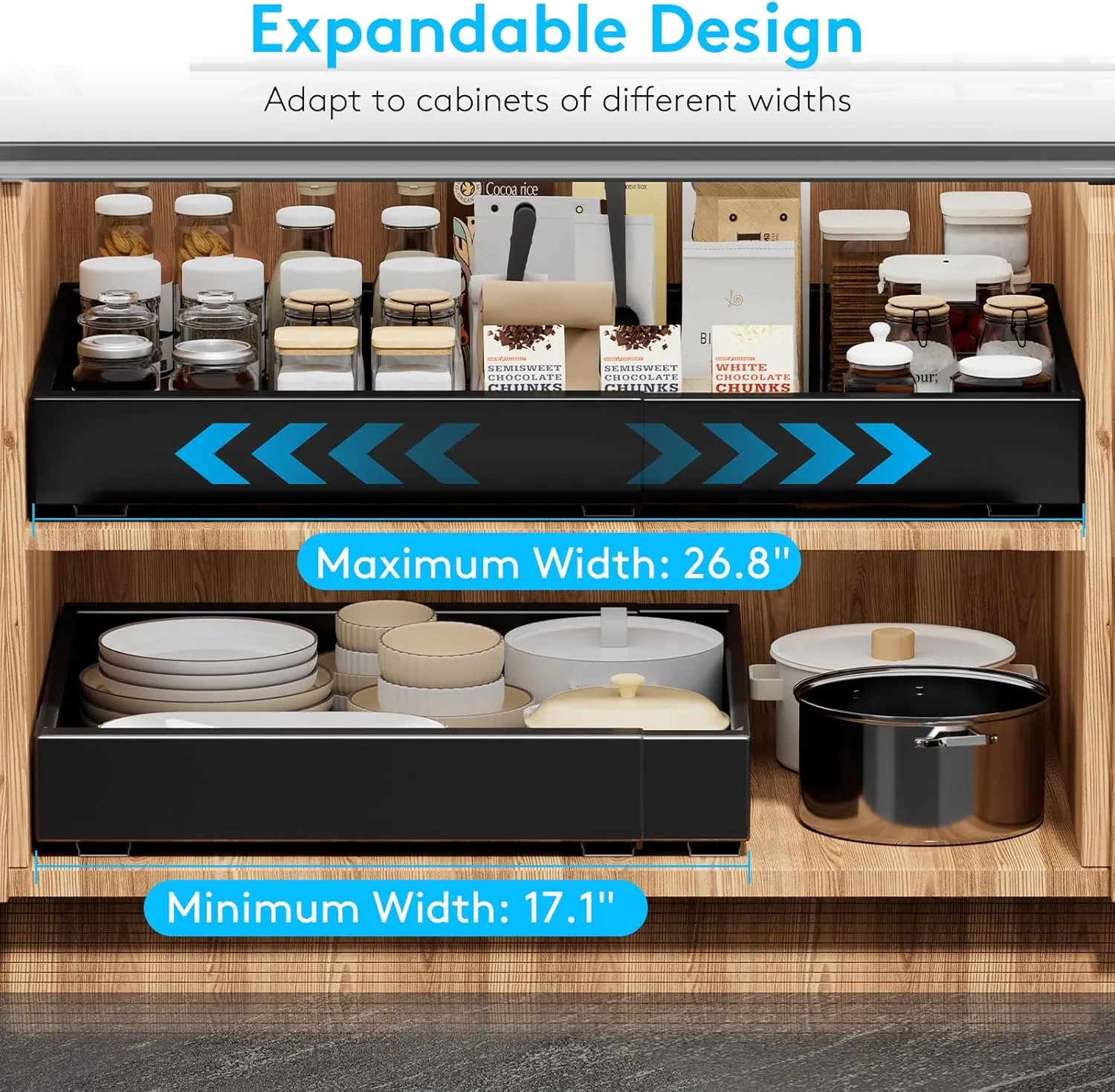 Pull Out Drawers for Cabinets, Expandable Slide Out Cabinet Organizer Fixed with Adhesive Nano Film, Heavy Duty Roll Out Shelves for Kitchen Base Cabinet Organization, Pantry, Bathroom, Black (1PC)