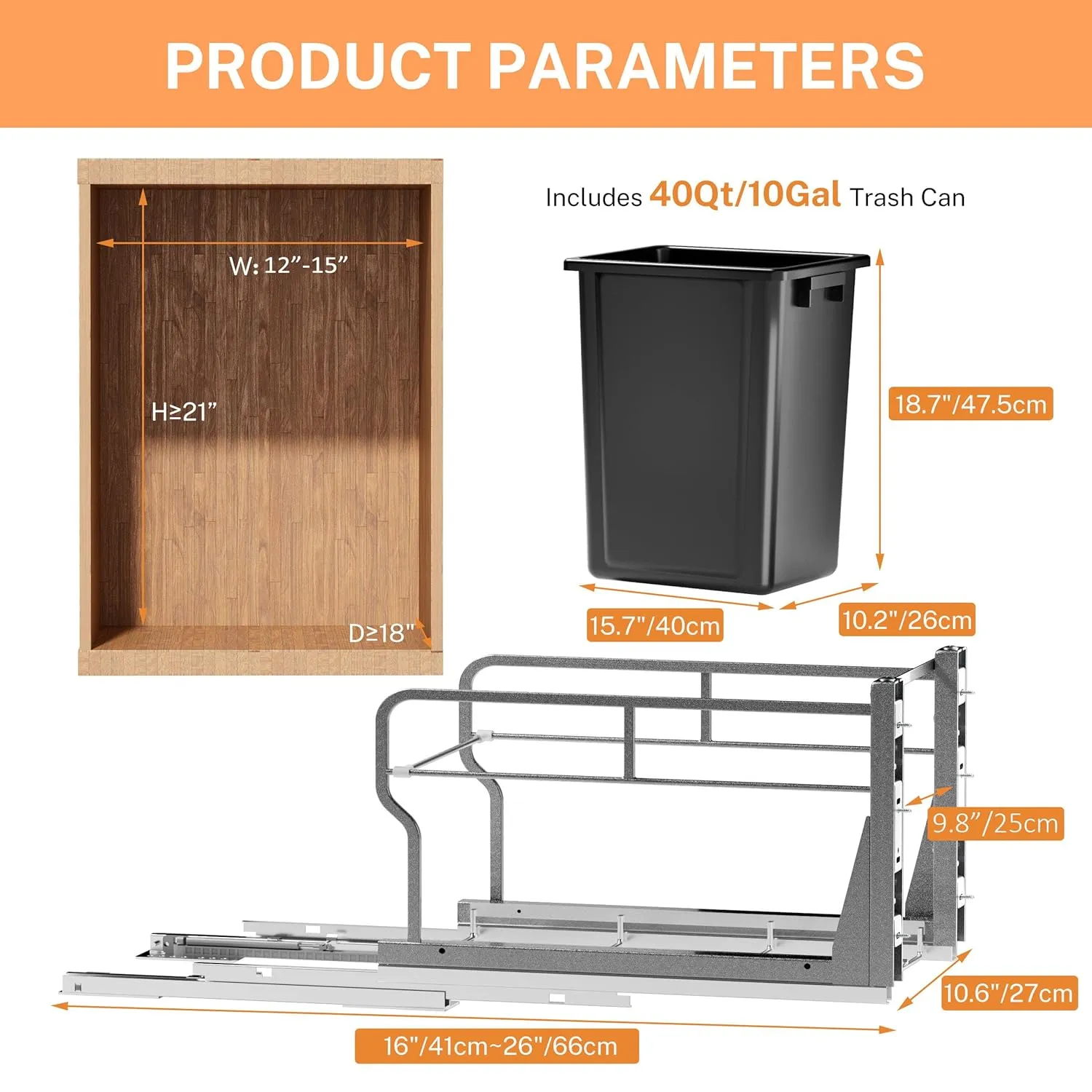 Pull Out Trash Can Under Cabinet with 40Qt 10Gal Garbage Can, Under Sink Trash Can with Soft-Close Slides, Cabinet Trash Can Pull Out Kit with Door Mounting Kit for Minimum Cabinets Opening 12" W