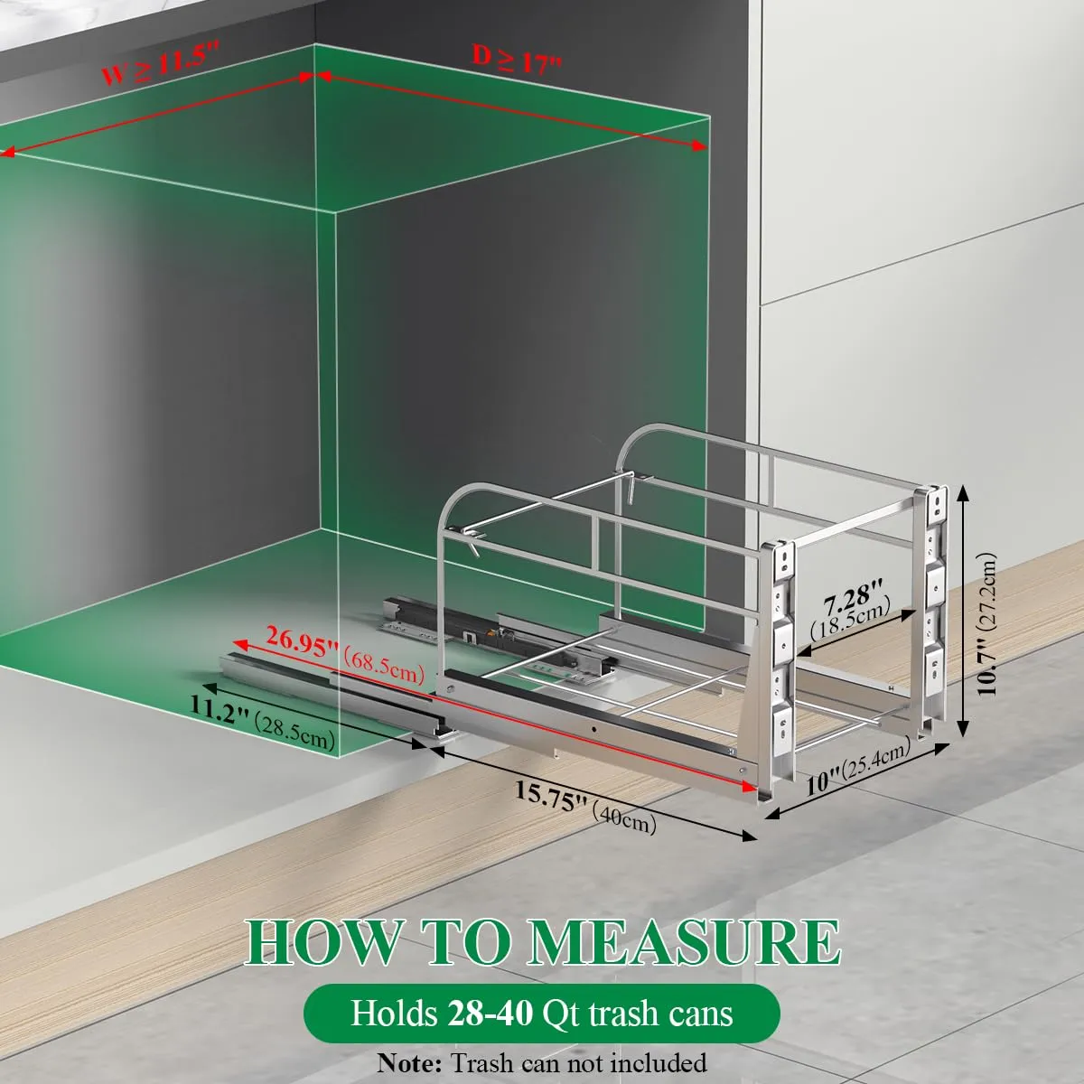 Pull Out Trash Can Under Cabinet With Soft-Close Slides, Under Sink Organizer Kit for Kitchen 28 to 40 Quarts, Requires Minimum Opening 12" W X 18" D