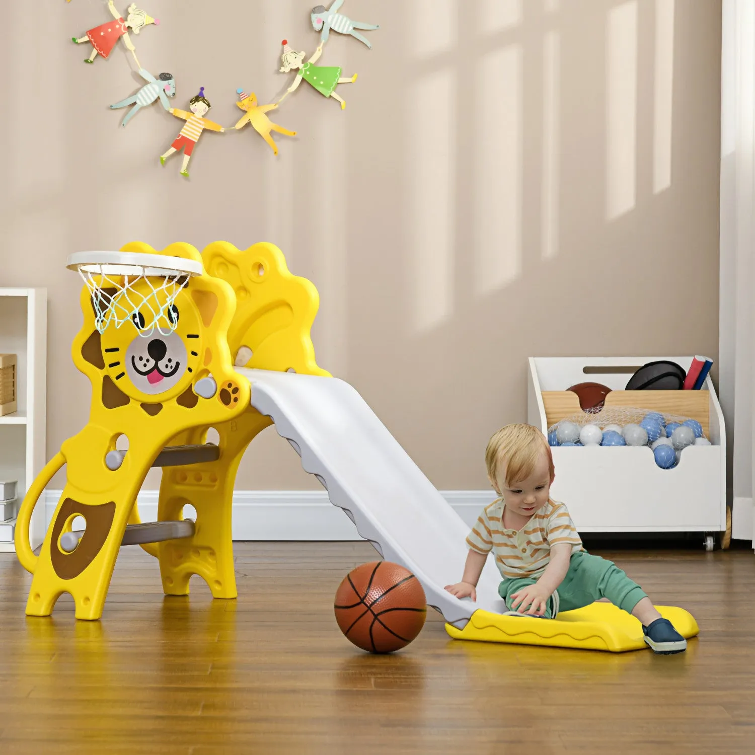 Qaba 2 In 1 Toddler Slide For Indoor, Easy Set Up Kids Slide Playset With Basketball Hoop For 18-36 |Qaba Toboggan 2 En 1 Pour Interieur, Toboggan Pour Enfants Facile A Installer Pour Tout-petits De 18
