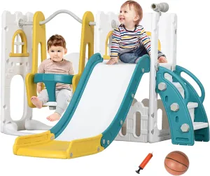 Qaba 6 in 1 Toddler Slide and Swing Set, Toddler Playground for Ages 1-3 Years with Basketball Hoop, Climber, Storage Space, Telescope, Indoor/Outdoor Playset, Yellow