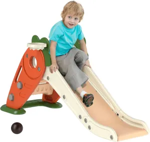 Qaba Toddler Slide, 3 in 1 Indoor Slide for Kids Age 1-3 Years, Foldable Carrot-Themed Baby Climber with Basketball Hoop, Orange