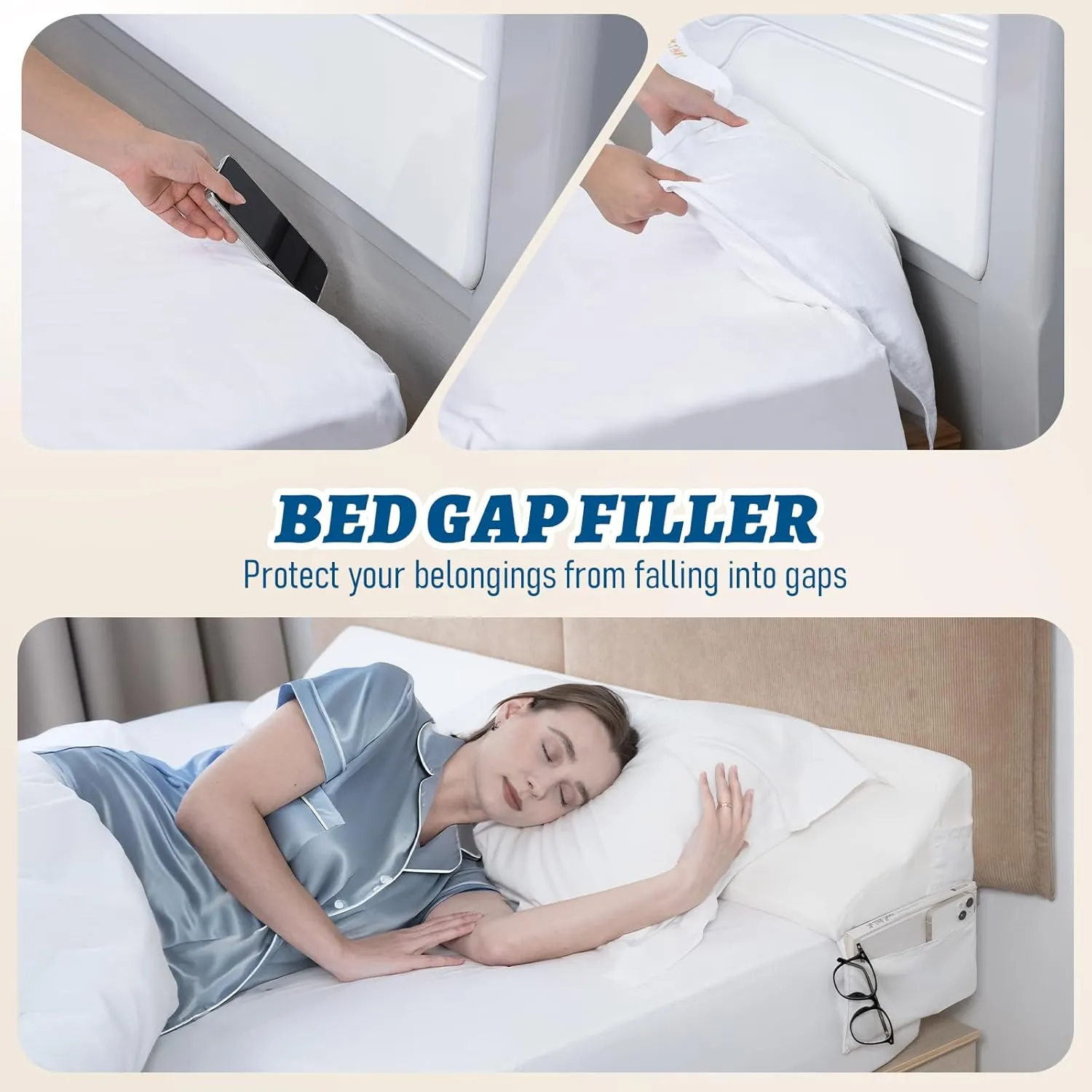 Queen Size Bed Wedge Pillow for Headboard, Wedge Gap Filler for Better Sleep Height, Triangle Pillow Wedge Filling for 0-5" Headboard Gap(60"x10"x6") White