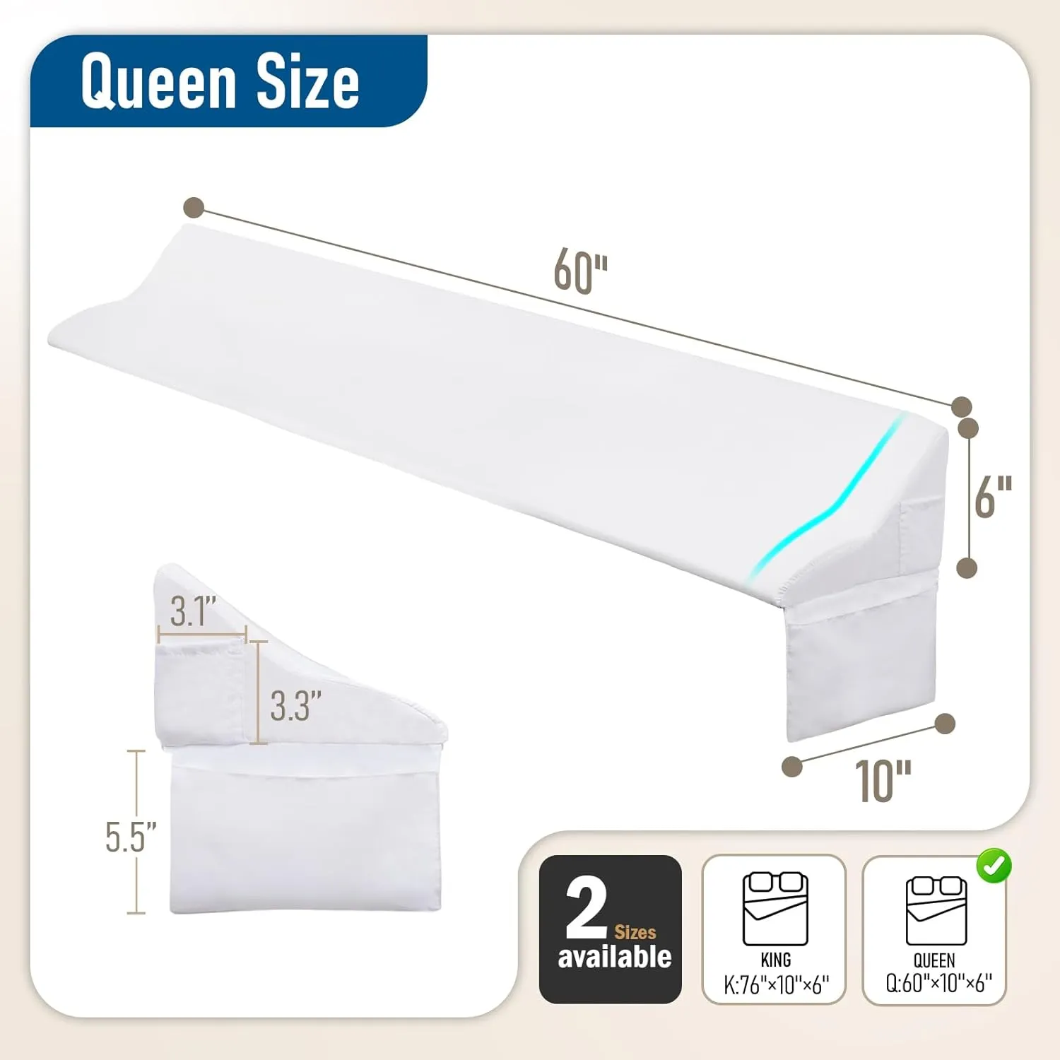 Queen Size Bed Wedge Pillow for Headboard, Wedge Gap Filler for Better Sleep Height, Triangle Pillow Wedge Filling for 0-5" Headboard Gap(60"x10"x6") White
