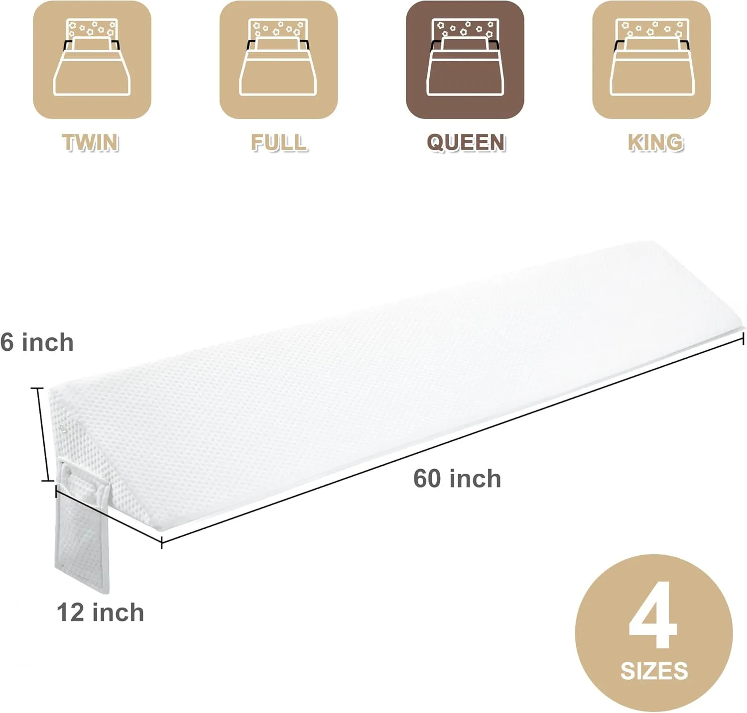 Queen Size(60"x6"x10") Bed Wedge Pillow for Headboard, Mattress Gap Filler(0-8"), Bed Wedge for Gap Between Your Headboard and Mattress White