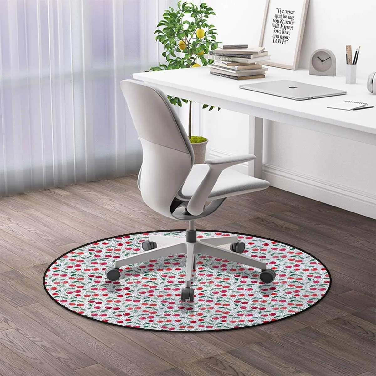 Red Green Round Carpet Chair Mat for Hardwood Floors, Summer Fruit Leaf Graffiti Pattern Multi-Purpose Office & Gaming Chair Protector, Soft Floor Mat for Living Room & Study, Diameter 43.3 in