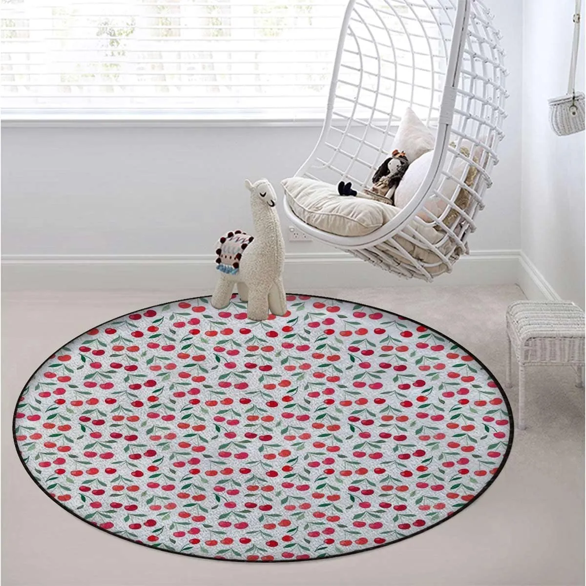 Red Green Round Carpet Chair Mat for Hardwood Floors, Summer Fruit Leaf Graffiti Pattern Multi-Purpose Office & Gaming Chair Protector, Soft Floor Mat for Living Room & Study, Diameter 43.3 in
