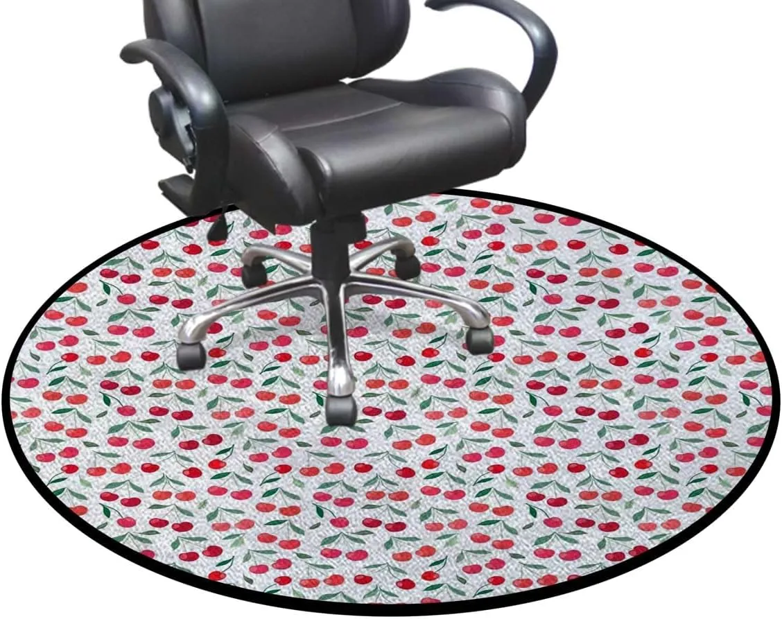 Red Green Round Carpet Chair Mat for Hardwood Floors, Summer Fruit Leaf Graffiti Pattern Multi-Purpose Office & Gaming Chair Protector, Soft Floor Mat for Living Room & Study, Diameter 43.3 in