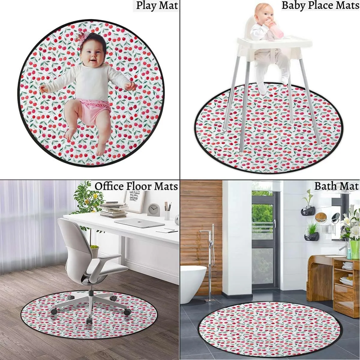 Red Green Round Carpet Chair Mat for Hardwood Floors, Summer Fruit Leaf Graffiti Pattern Multi-Purpose Office & Gaming Chair Protector, Soft Floor Mat for Living Room & Study, Diameter 43.3 in