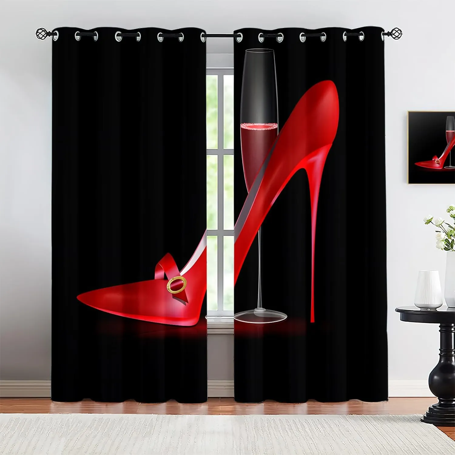 Red High Heels Wines Window Drapes for Living Room, Modern Fashion Red Wine Female Romantic Art Black Curtain Blackout, Privacy Protect Window Curtains for Bedroom-31.5" W X 63" L X 2 Panels