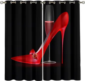 Red High Heels Wines Window Drapes for Living Room, Modern Fashion Red Wine Female Romantic Art Black Curtain Blackout, Privacy Protect Window Curtains for Bedroom-31.5" W X 63" L X 2 Panels