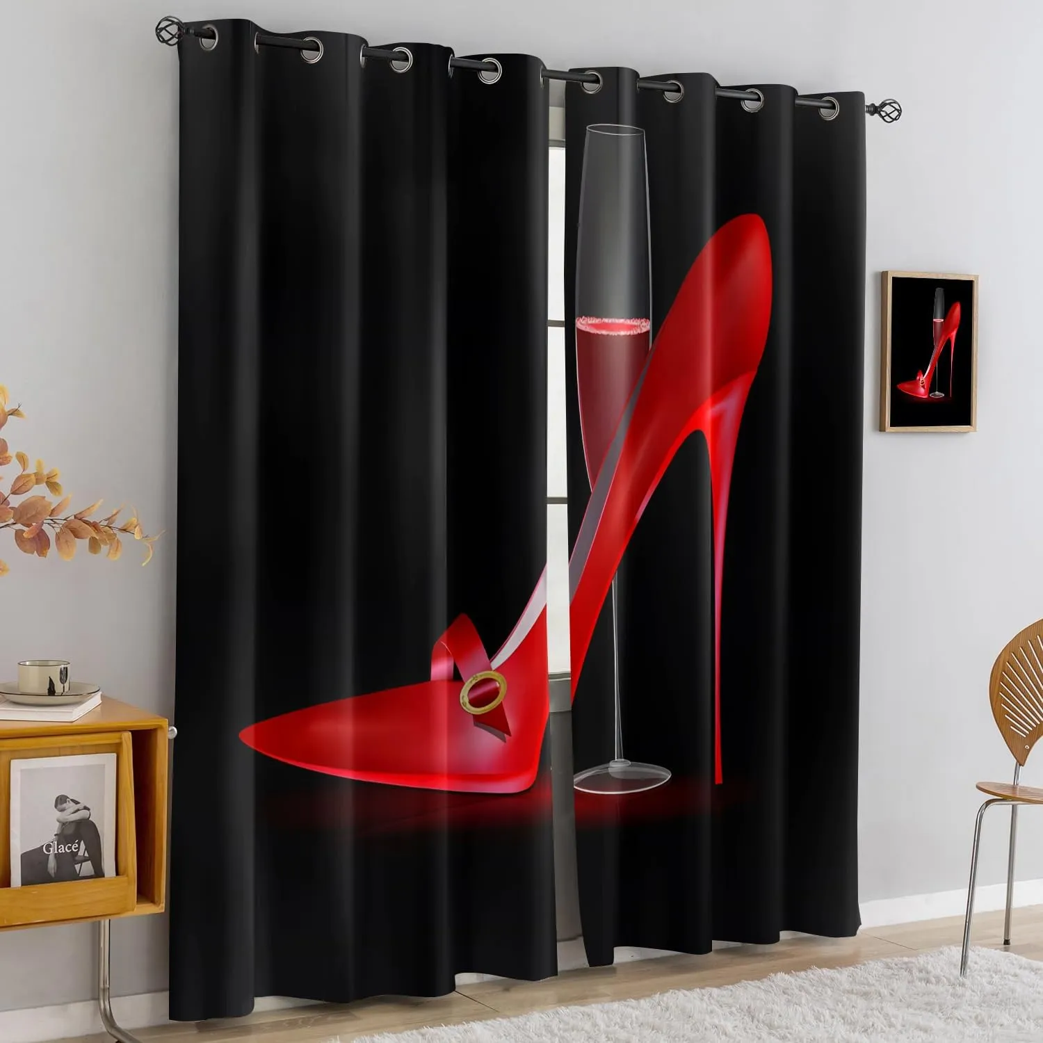 Red High Heels Wines Window Drapes for Living Room, Modern Fashion Red Wine Female Romantic Art Black Curtain Blackout, Privacy Protect Window Curtains for Bedroom-31.5" W X 63" L X 2 Panels