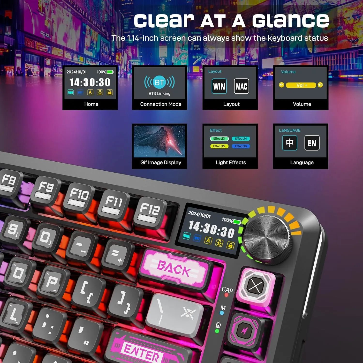 Redragon Wireless Mechanical Gaming Keyboard - Gasket-Mounted RGB Backlit, Custom Keys, 3-Mode(Bluetooth/2.4G/USB), Hot-Swap Pre-Lubed Switches, Screen & Control Knob - Cyber Mecha Style, Plasma Arc