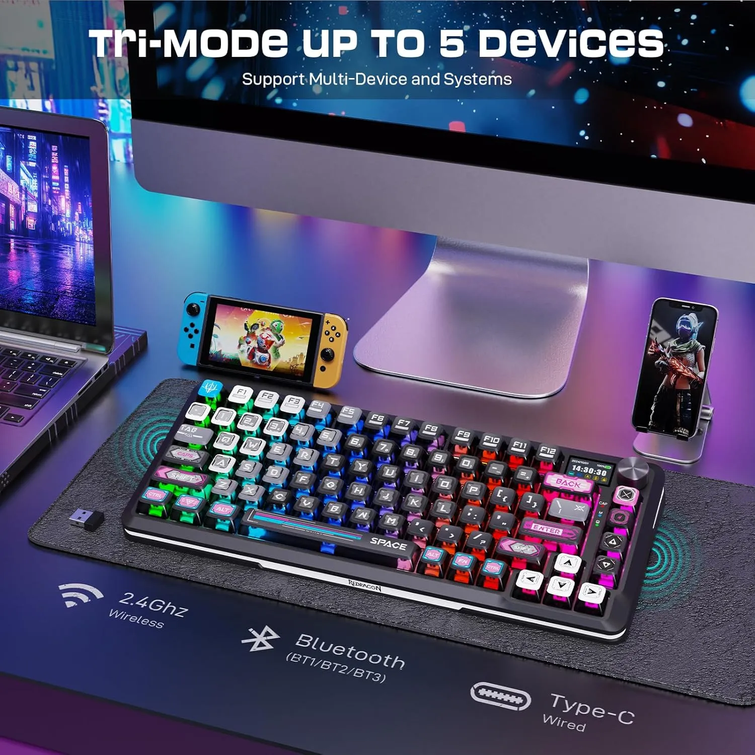 Redragon Wireless Mechanical Gaming Keyboard - Gasket-Mounted RGB Backlit, Custom Keys, 3-Mode(Bluetooth/2.4G/USB), Hot-Swap Pre-Lubed Switches, Screen & Control Knob - Cyber Mecha Style, Plasma Arc