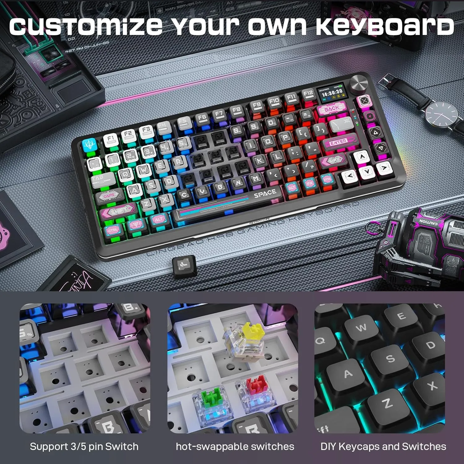 Redragon Wireless Mechanical Gaming Keyboard - Gasket-Mounted RGB Backlit, Custom Keys, 3-Mode(Bluetooth/2.4G/USB), Hot-Swap Pre-Lubed Switches, Screen & Control Knob - Cyber Mecha Style, Plasma Arc