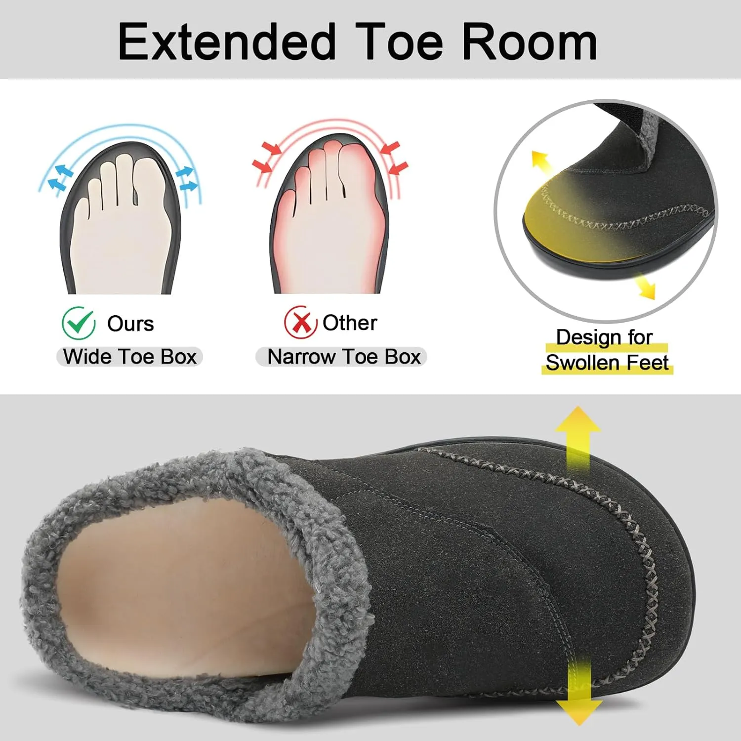 relxfeet Mens Slippers Adjustable Diabetic Shoes Wide Toe Box House Slippers Indoor Outdoor Slip On Warm Clogs for Swollen Feet