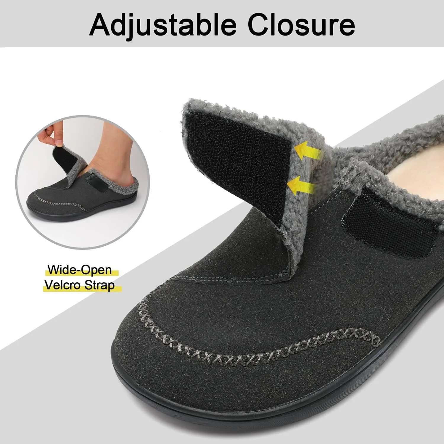 relxfeet Mens Slippers Adjustable Diabetic Shoes Wide Toe Box House Slippers Indoor Outdoor Slip On Warm Clogs for Swollen Feet