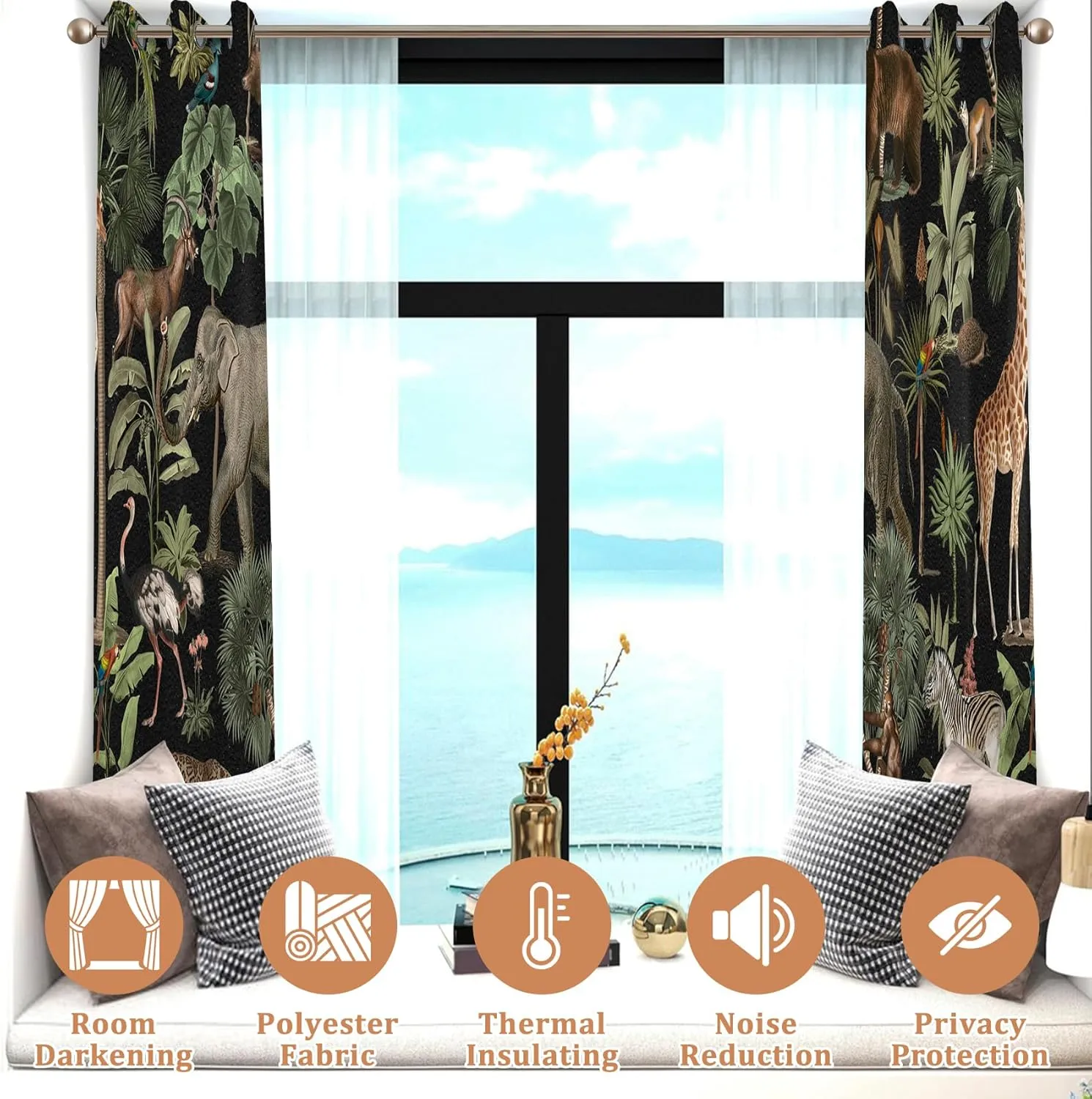 Renaiss Tropical Jungle Animal Blackout Curtain Forest Safari Wildlife Animals World Pattern Printed Curtains Giraffe Elephant Room Darkening Energy Saving Grommet Curtains 42" W x 63" L, 2 Panels