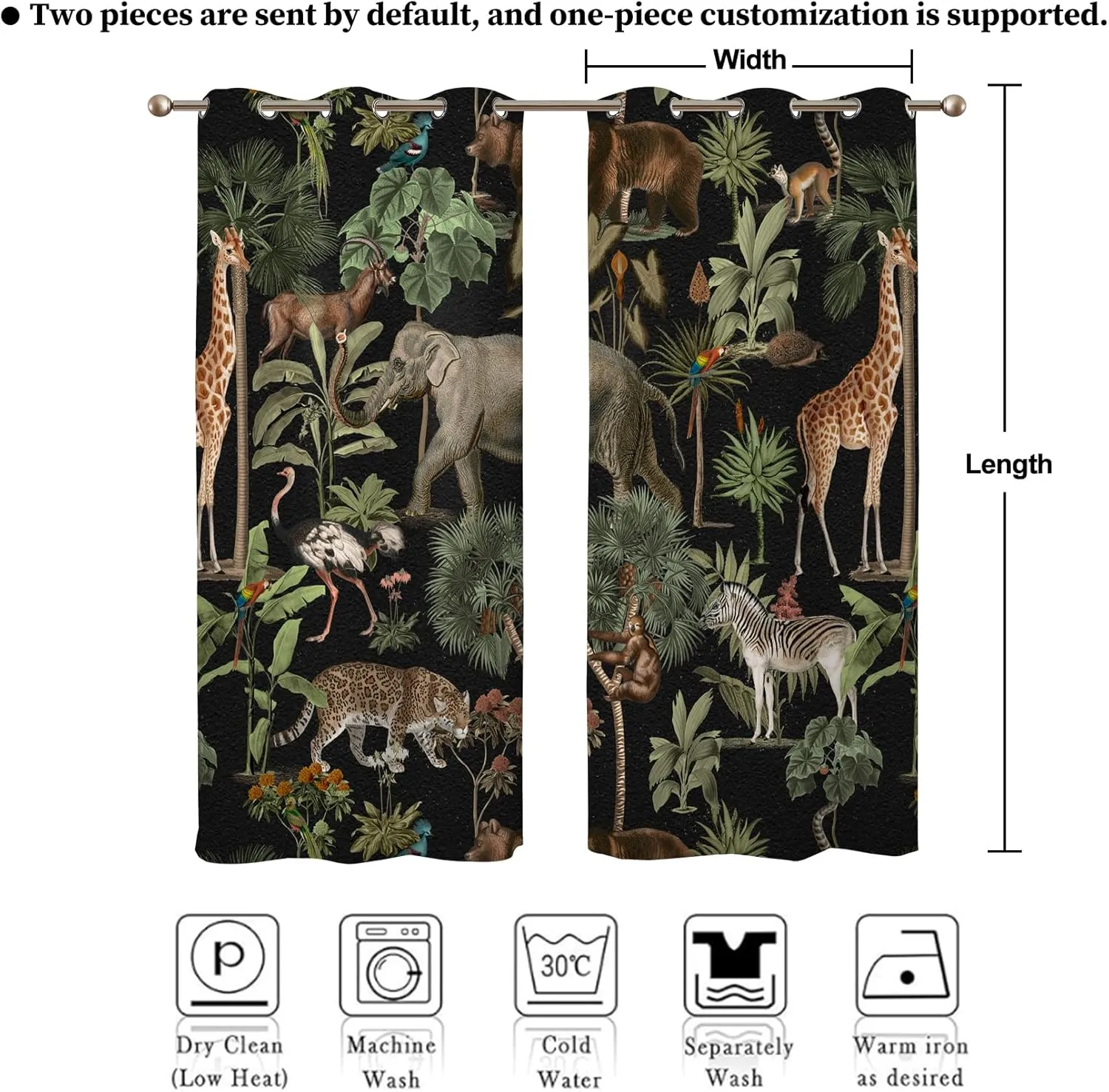 Renaiss Tropical Jungle Animal Blackout Curtain Forest Safari Wildlife Animals World Pattern Printed Curtains Giraffe Elephant Room Darkening Energy Saving Grommet Curtains 42" W x 63" L, 2 Panels