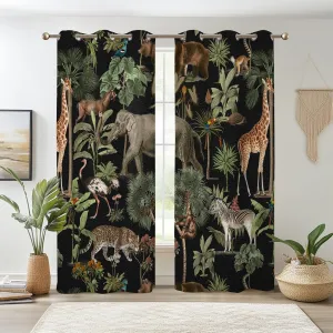 Renaiss Tropical Jungle Animal Blackout Curtain Forest Safari Wildlife Animals World Pattern Printed Curtains Giraffe Elephant Room Darkening Energy Saving Grommet Curtains 42" W x 63" L, 2 Panels