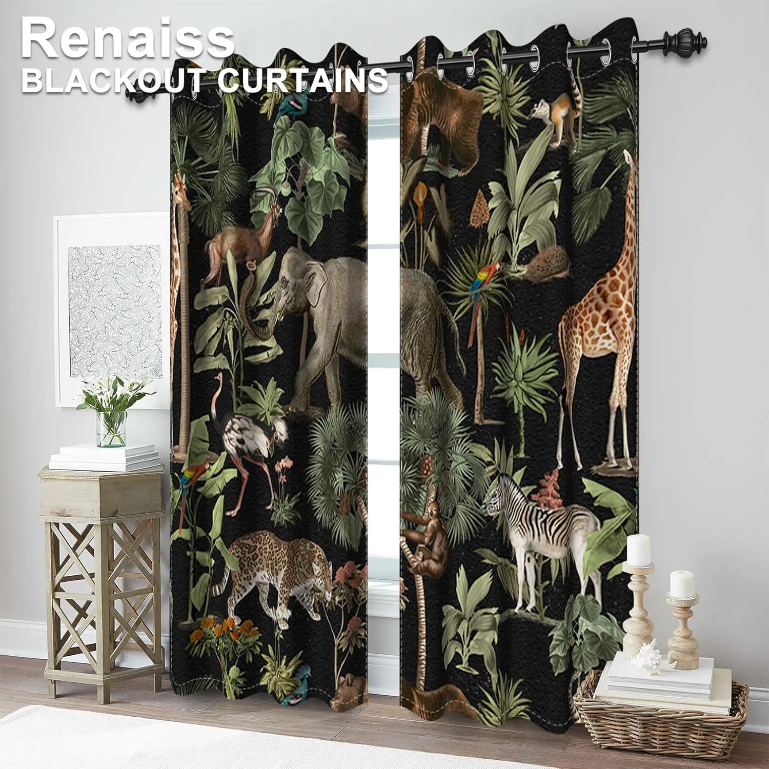Renaiss Tropical Jungle Animal Blackout Curtain Forest Safari Wildlife Animals World Pattern Printed Curtains Giraffe Elephant Room Darkening Energy Saving Grommet Curtains 42" W x 63" L, 2 Panels